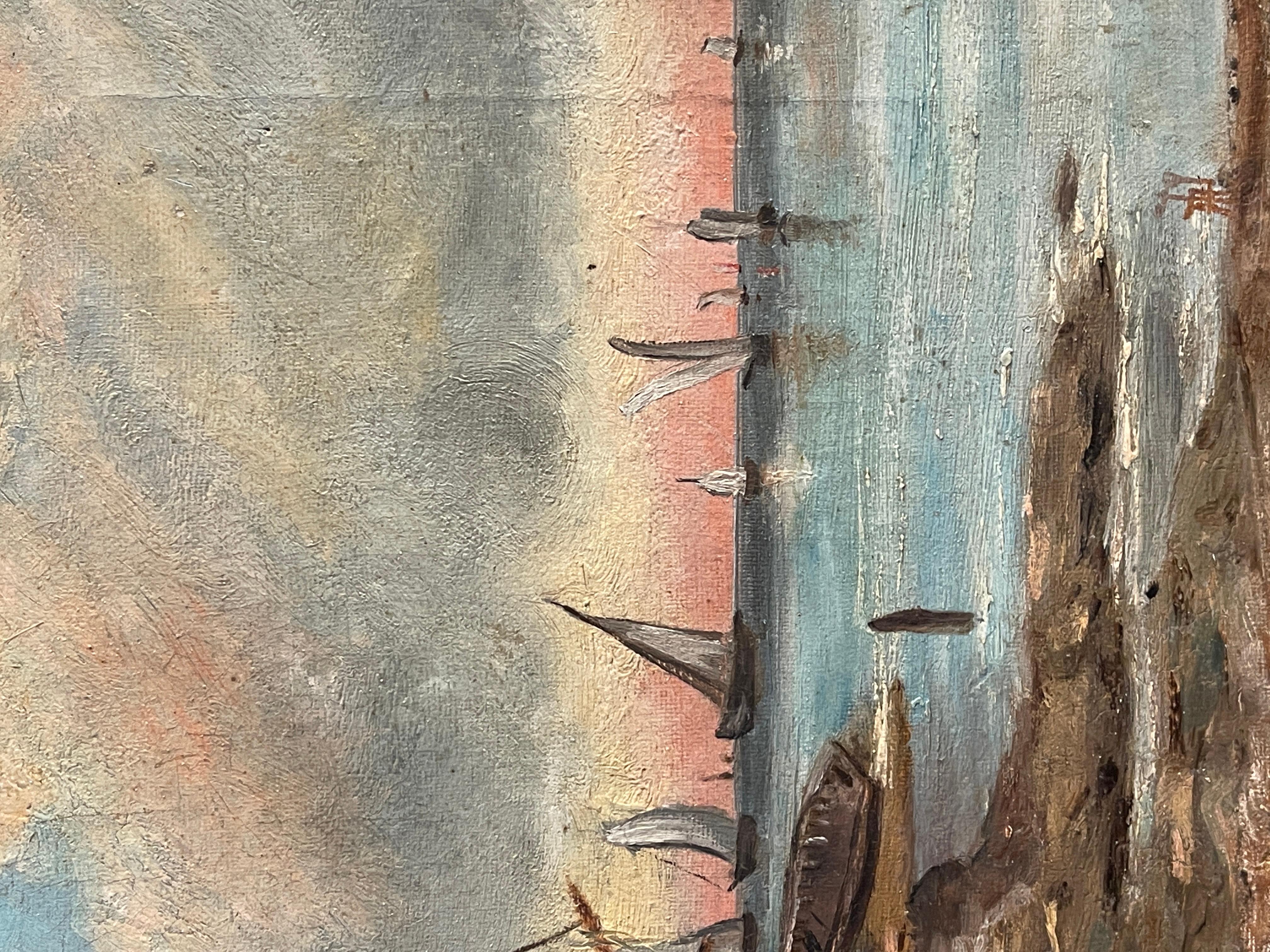 Peinture à l'huile sur toile, Marin, 20e siècle
Scène de bateaux à sec avec des personnages, en arrière-plan des voiliers entourés des lumières du coucher de soleil.
Bon état comme sur la photo
Dimensions : 35x25cm