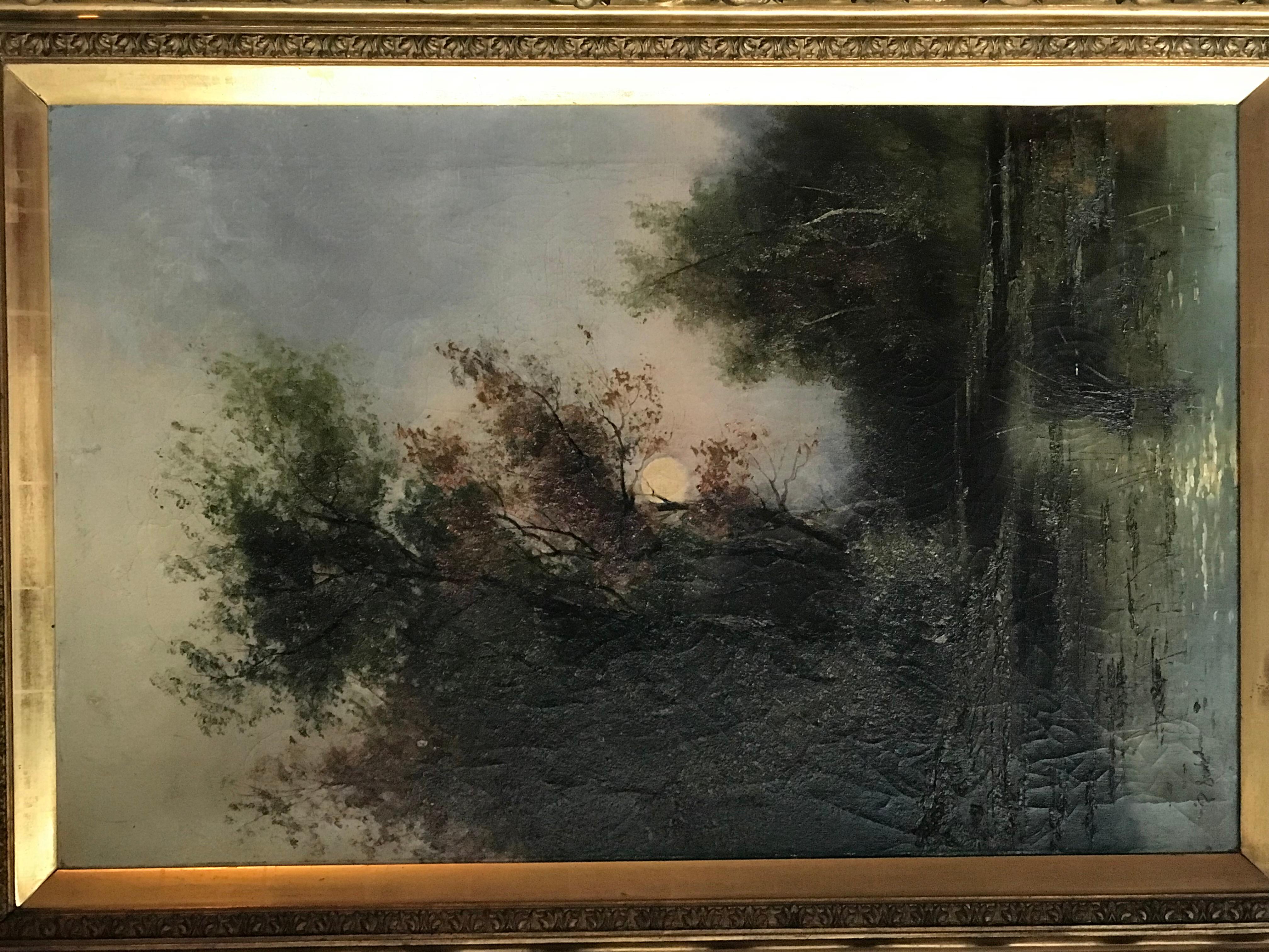 Original oil painting on canvas. Artist signed P. Stanford, late 19th century.

Moon over a lake with trees and a seated figure. Lovely serene image.

Image size 28-1/2