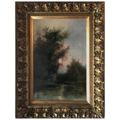 Antique Oil Painting on Canvas, Moonlit Landscape with Trees and Lake, Signed P Stanford