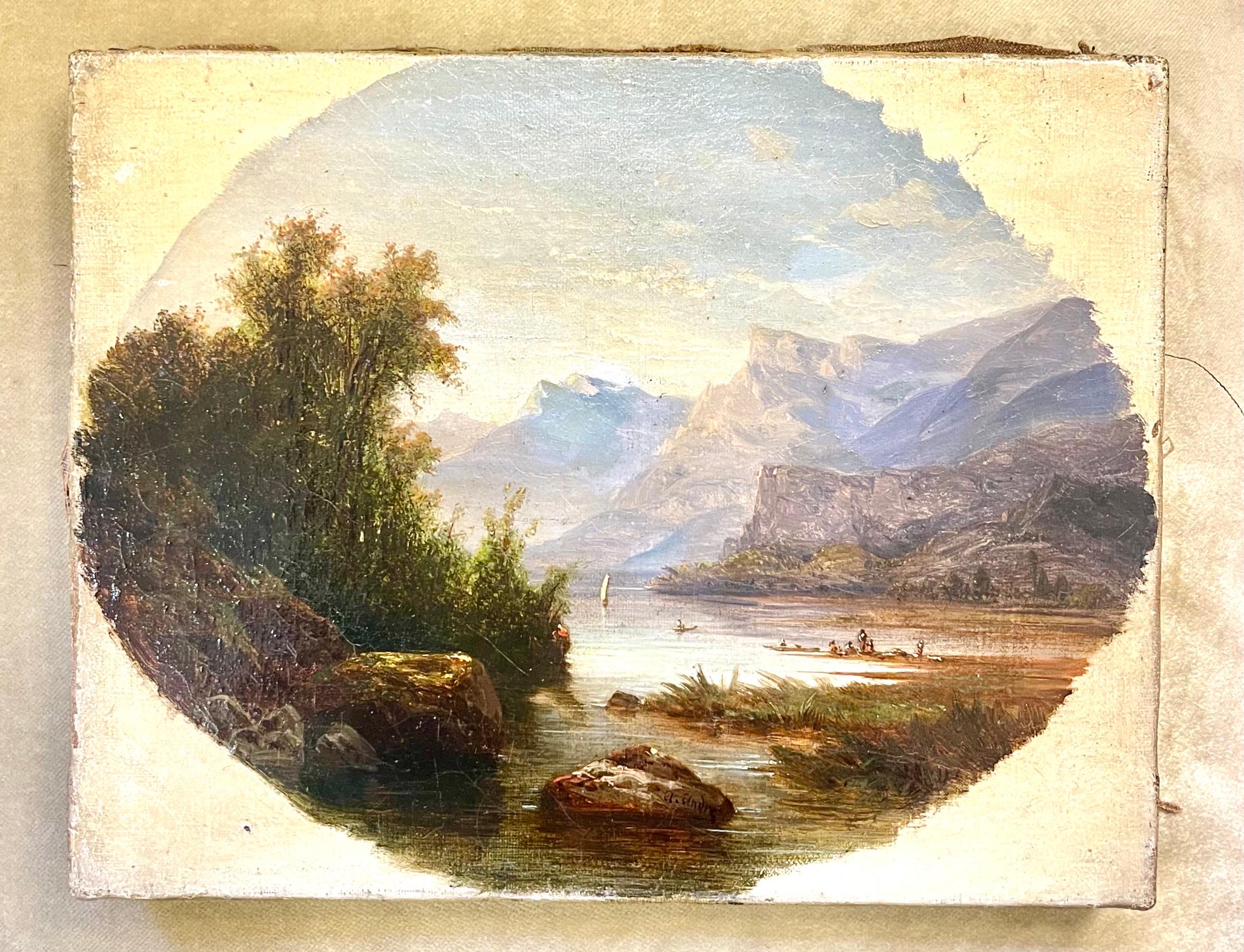 Oil painting on canvas mountain landscape and lake anime characters 
signed Andre France late 19th
This delightful painting represents a lake and the French Alps. On the bank a group, close to a boat.
Majestic massifs in the background offer a