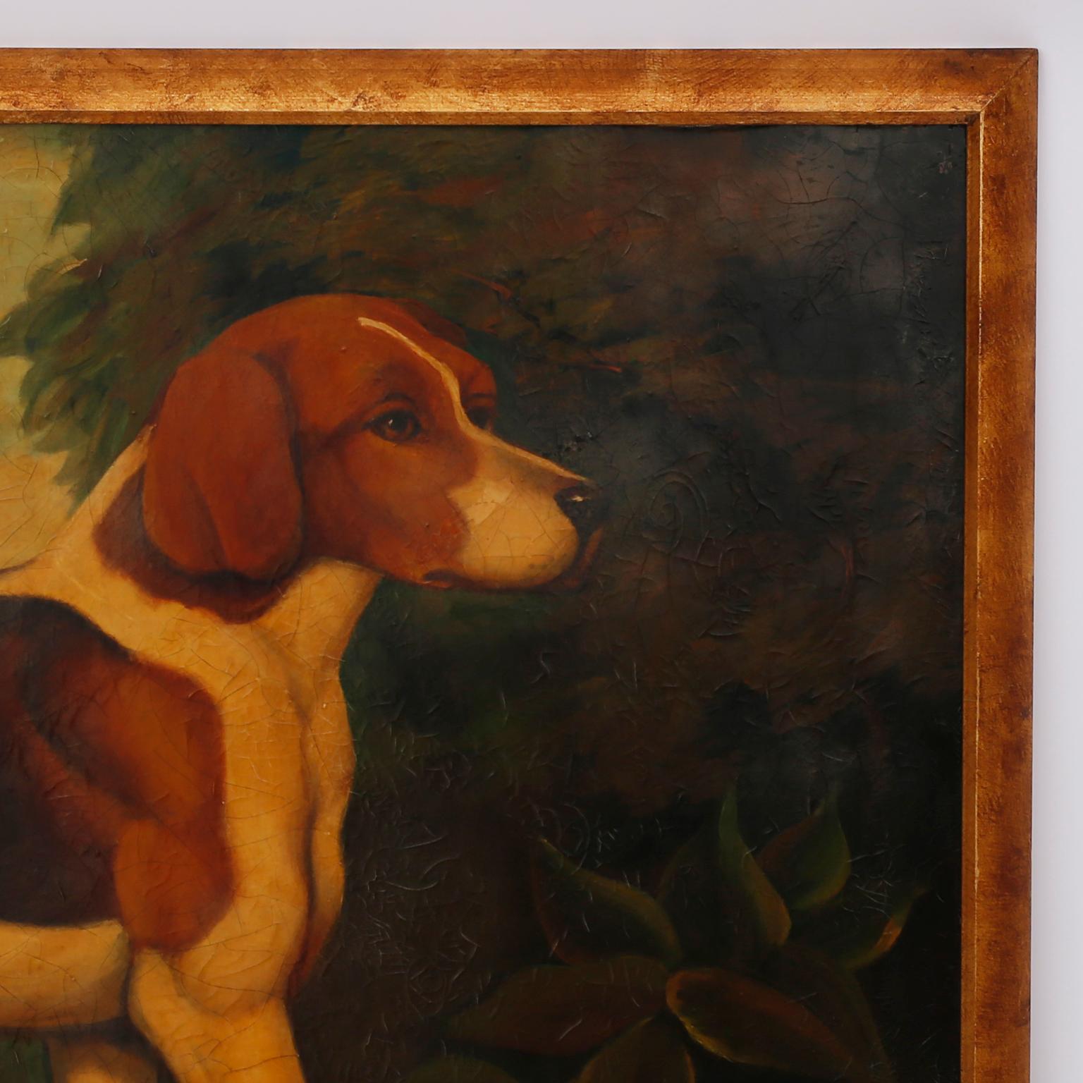 Striking oil painting on canvas of a dog or beagle in a woodland setting executed in a folky Victorian, parlor painting style with contrived age and distressed finish. Signed Reginald Baxter in the lower right.
 