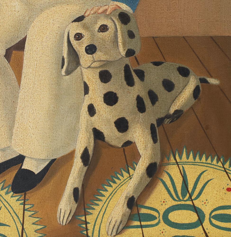 Folk Art Oil Painting on Canvas of a Boy and Dalmatian For Sale