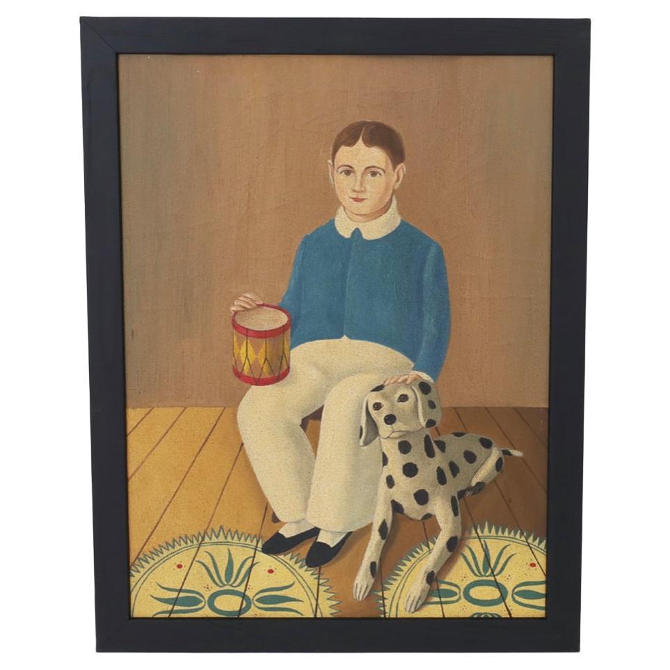Peinture à l'huile sur toile d'un garçon et d'un Dalmatien