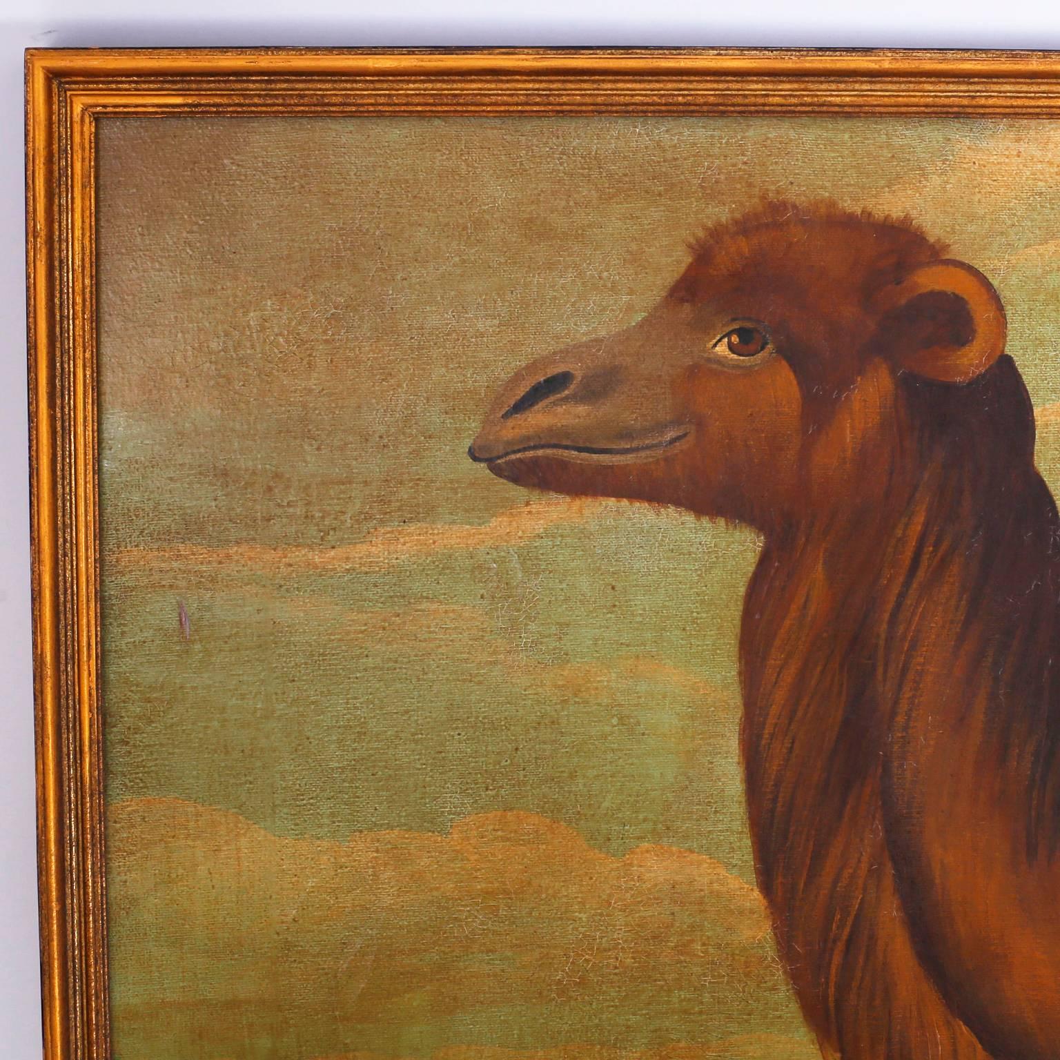 Bold oil painting on canvas of a camel in a desert landscape complete with pyramids. Painted in an amusing style that has a tongue in cheek reference to Victorian parlour paintings with contrived aging.
This camel seems to be hiding a secret.