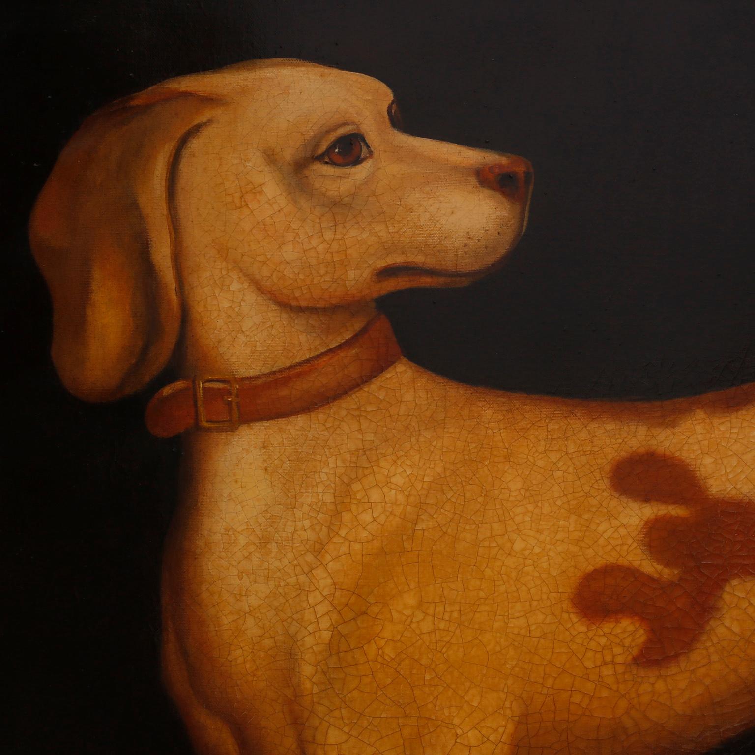 Charming oil painting on canvas of a dog, probably a pointer, and his bowl, executed in a tongue-in-cheek folky Victorian parlor painting style with contrived age and distressed finish. Signed Reginald Baxter in the lower right.
