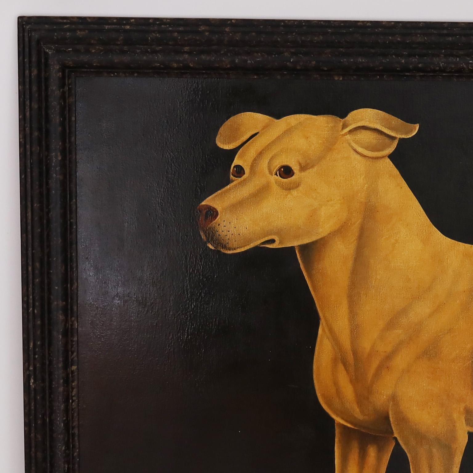 With dramatic simplicity, this large oil painting on canvas of a dog or Pit Bull, certainly gathers your attention, executed in a tongue in cheek Victorian parlor painting style with contrived aging. Signed Skilling and presented in the original