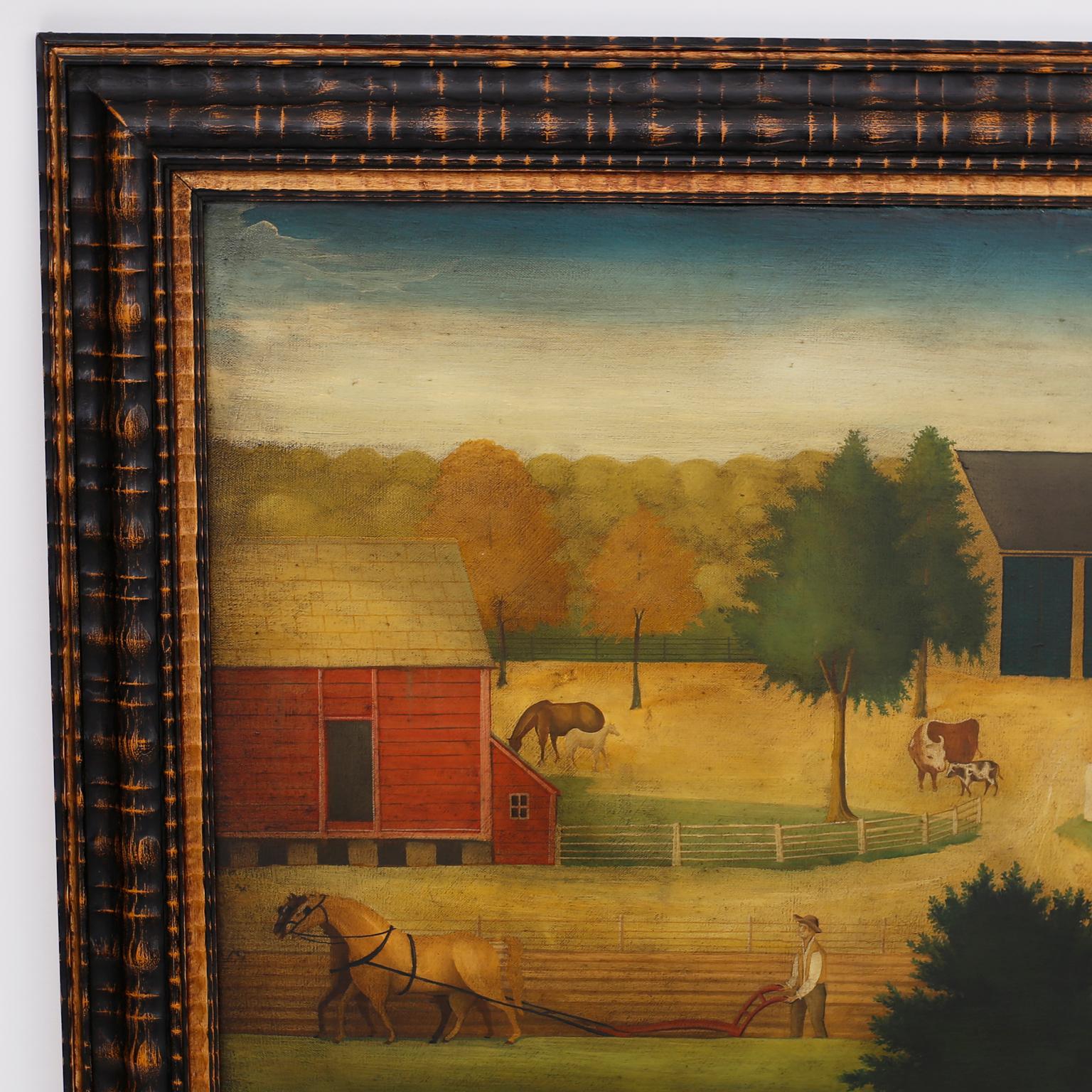 Oil painting on canvas of a busy farm scene complete with animals and figures by Dan Dunton, after Hicks, executed in a 19th century rustic naive style and presented in a carved wood frame.