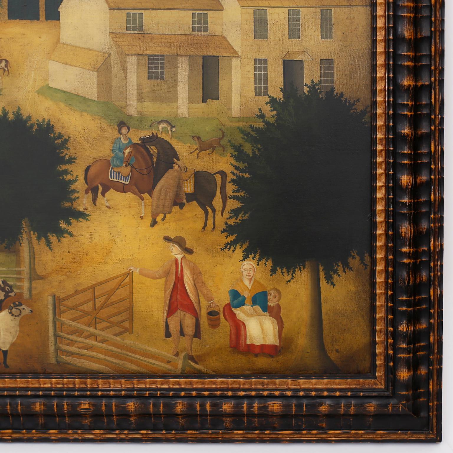 Folk Art Oil Painting on Canvas of a Farm Scene