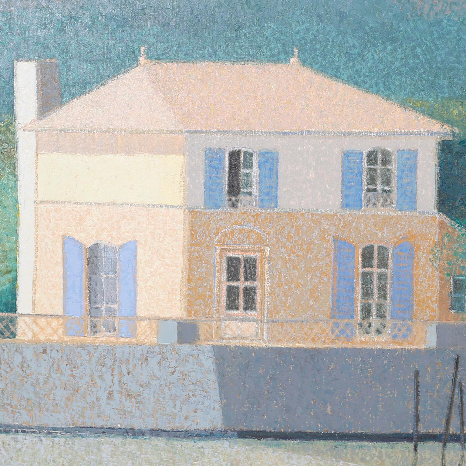 French Oil Painting on Canvas of a Lake House