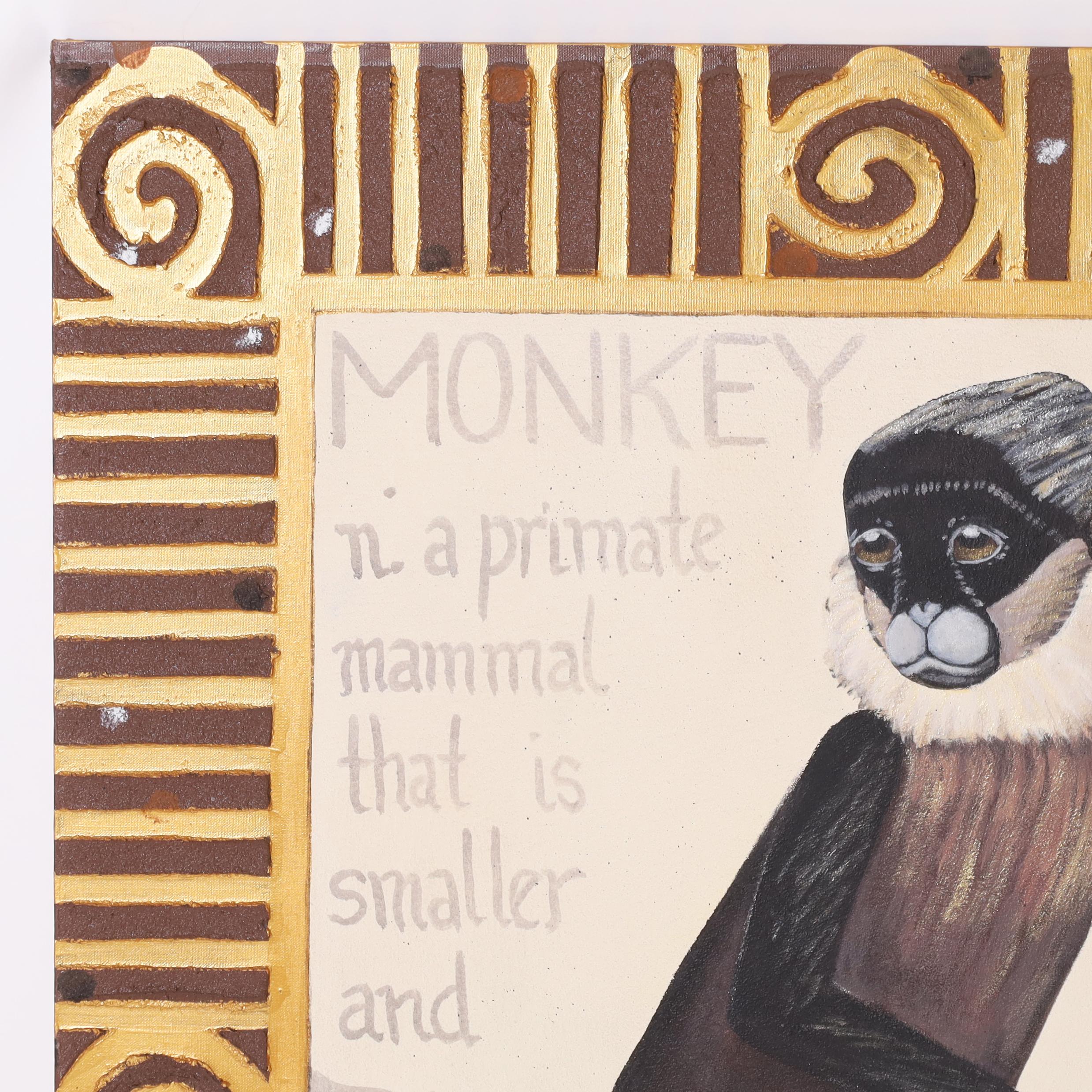 Playful oil painting on canvas, inspired by antique animal prints, depicting a monkey in a tree with a description. Presented in a raised painted border with gilt inclusions and signed C.K. Mckinley in the lower right.