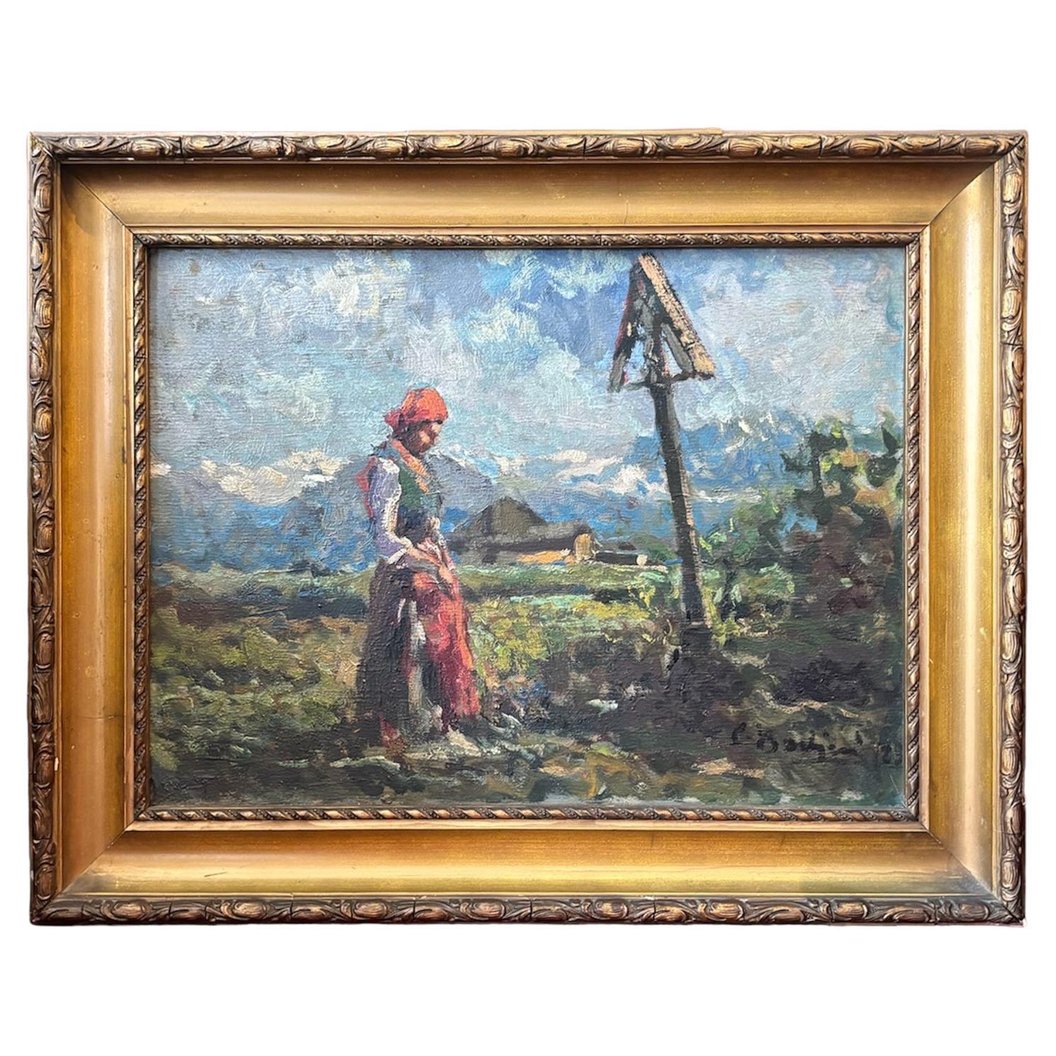 Oil Painting on Canvas of a Rural Landscape by Contardo Barbieri, 1940s