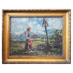Peinture à l'huile sur toile d'un paysage rural de Contardo Barbieri, années 1940