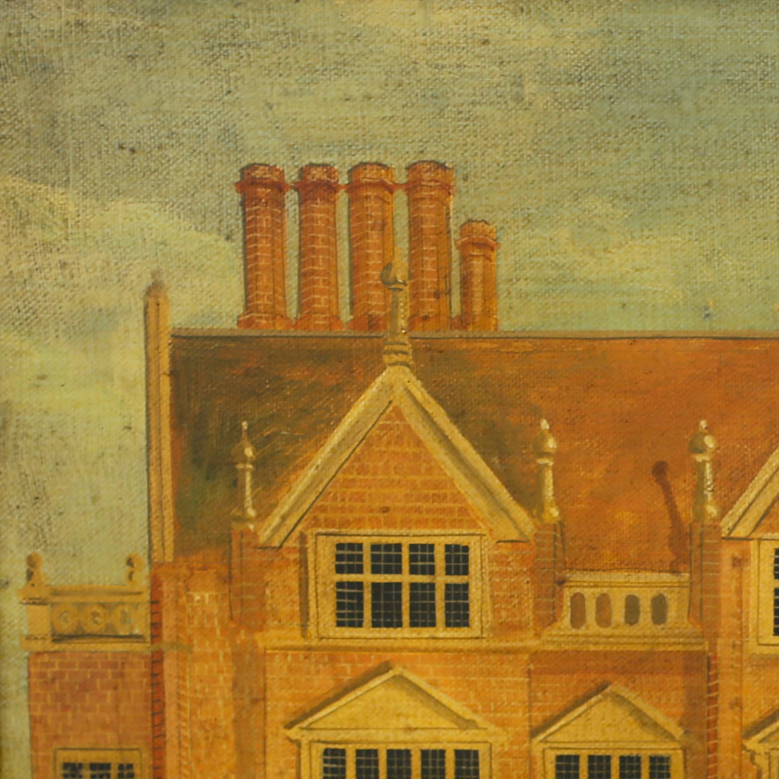 Peinture architecturale à l'huile sur toile de Heydon Hall exécutée dans un style naïf rustique avec vieillissement artificiel et présentée dans un cadre en érable. Signé Dan Dunton.