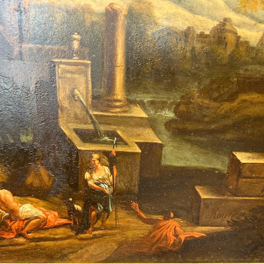 Peinture à l'huile sur toile d'une scène ancienne, marbrée sur bois, signée par Royer en vente 1