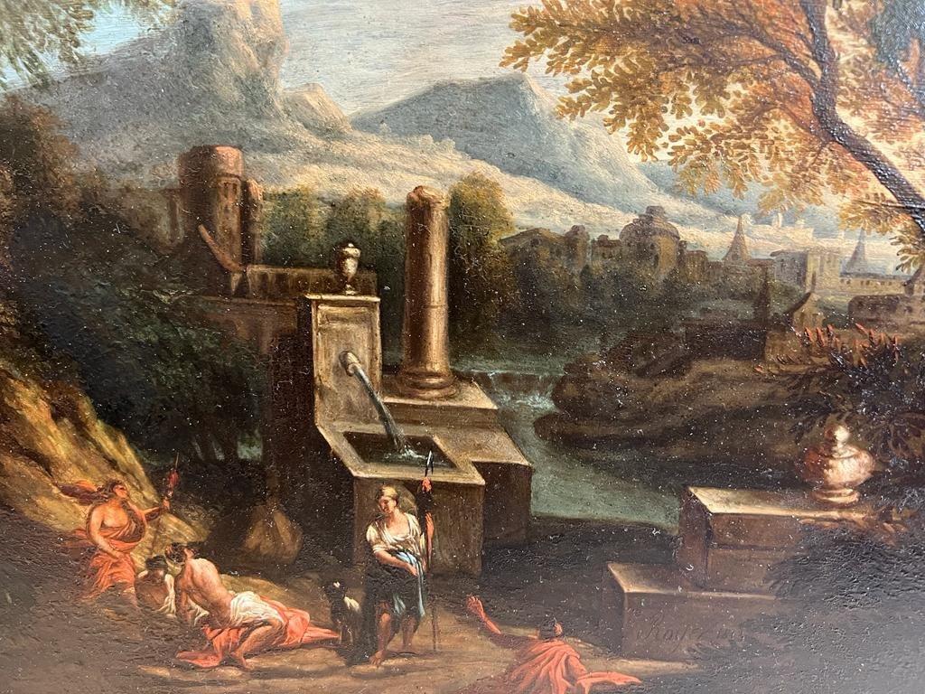 Oiled Oil Painting on Canvas of an Antique Scene, Marouflaged on Wood, Signed by Royer For Sale