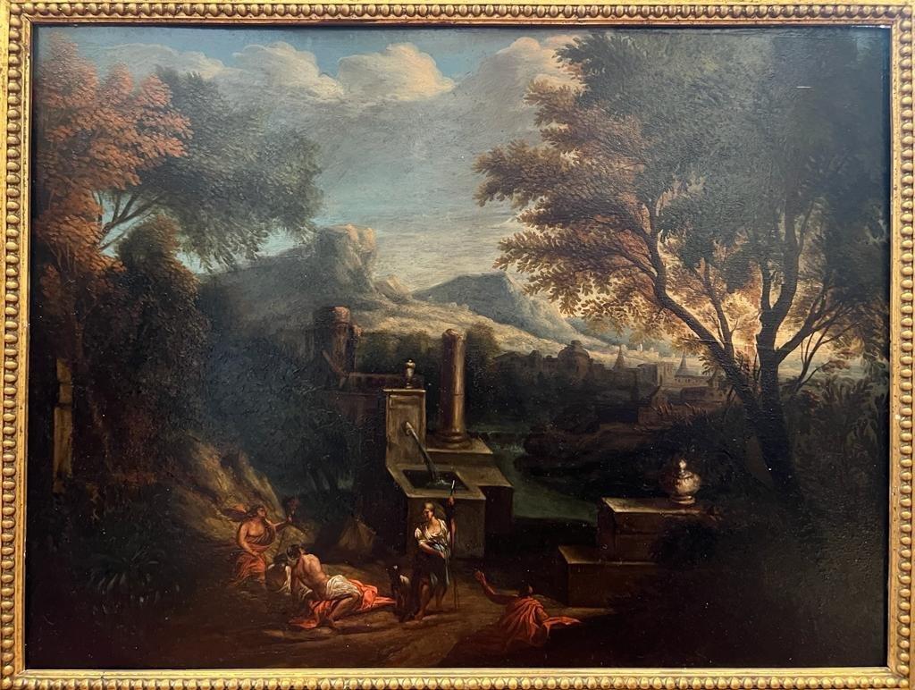 Peinture à l'huile sur toile d'une scène ancienne, marbrée sur bois, signée par Royer Bon état - En vente à NICE, FR