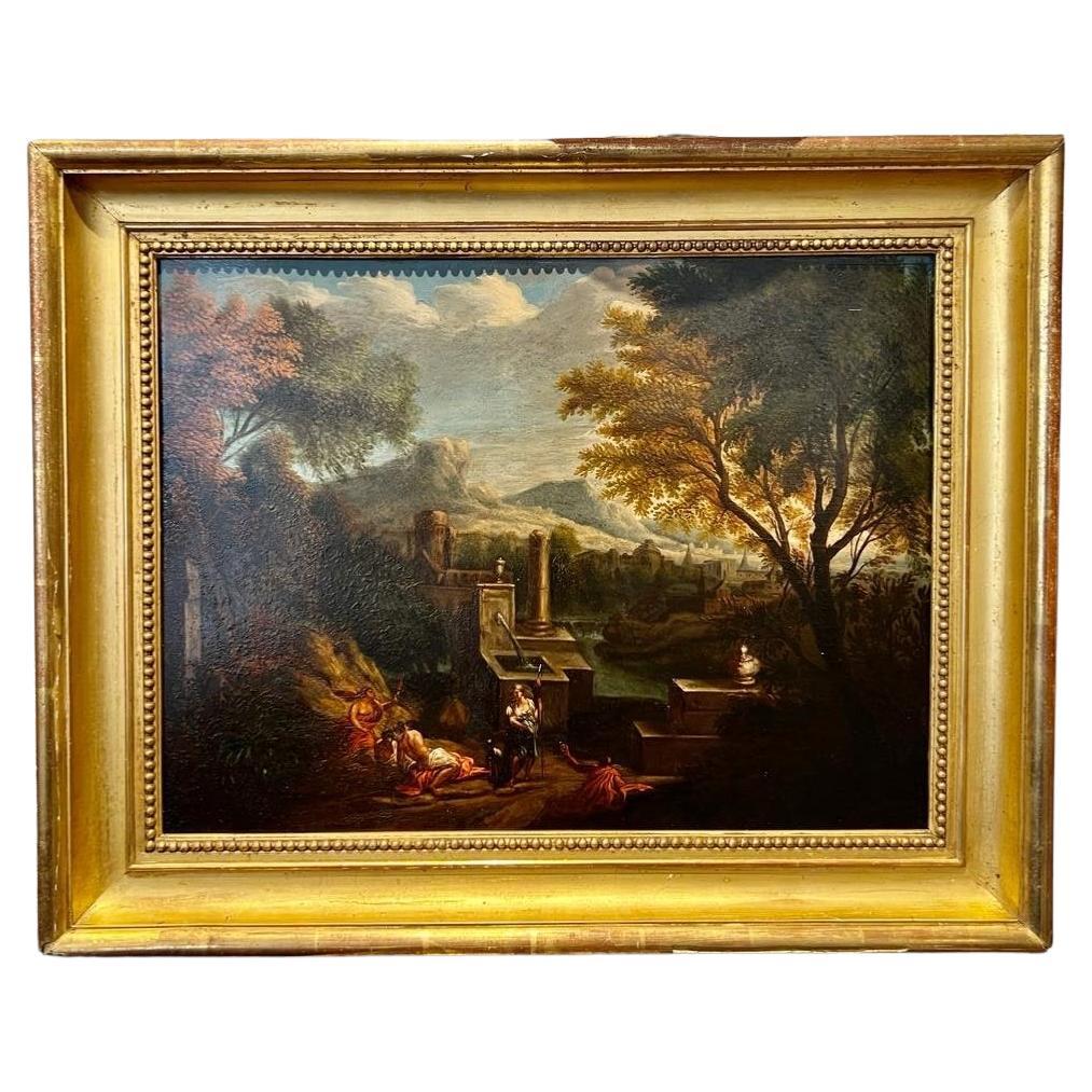 Oil Painting on Canvas of an Antique Scene, Marouflaged on Wood, Signed by Royer