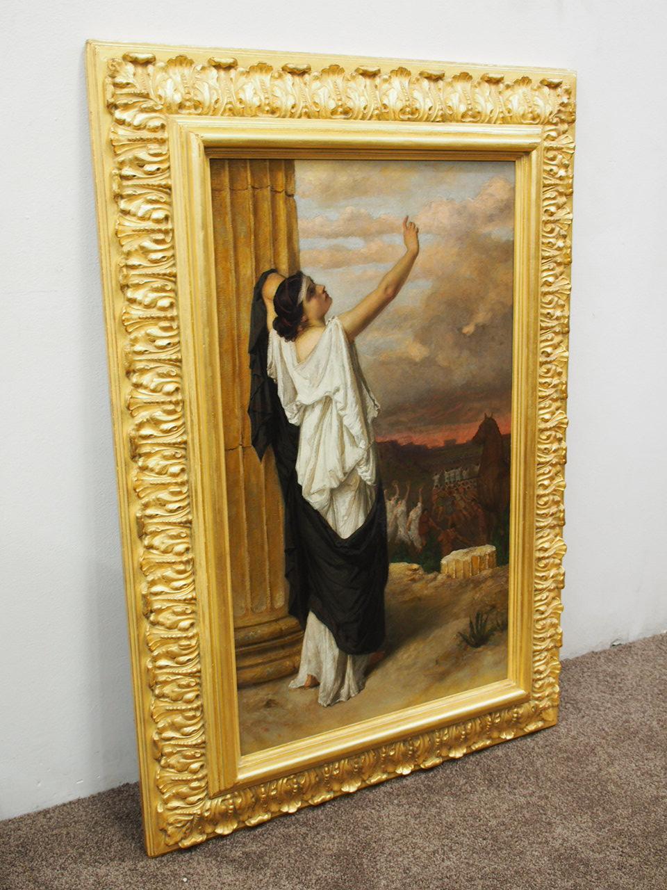 Late 1800s, Victorian oil painting on canvas of ‘Cassandra of Troy’. Featuring labels to the back with the dealers name ‘Artis Materials Warehouse, William Rodman and Company Limited – print sellers, carvers, gilders, picture frame makers and mount