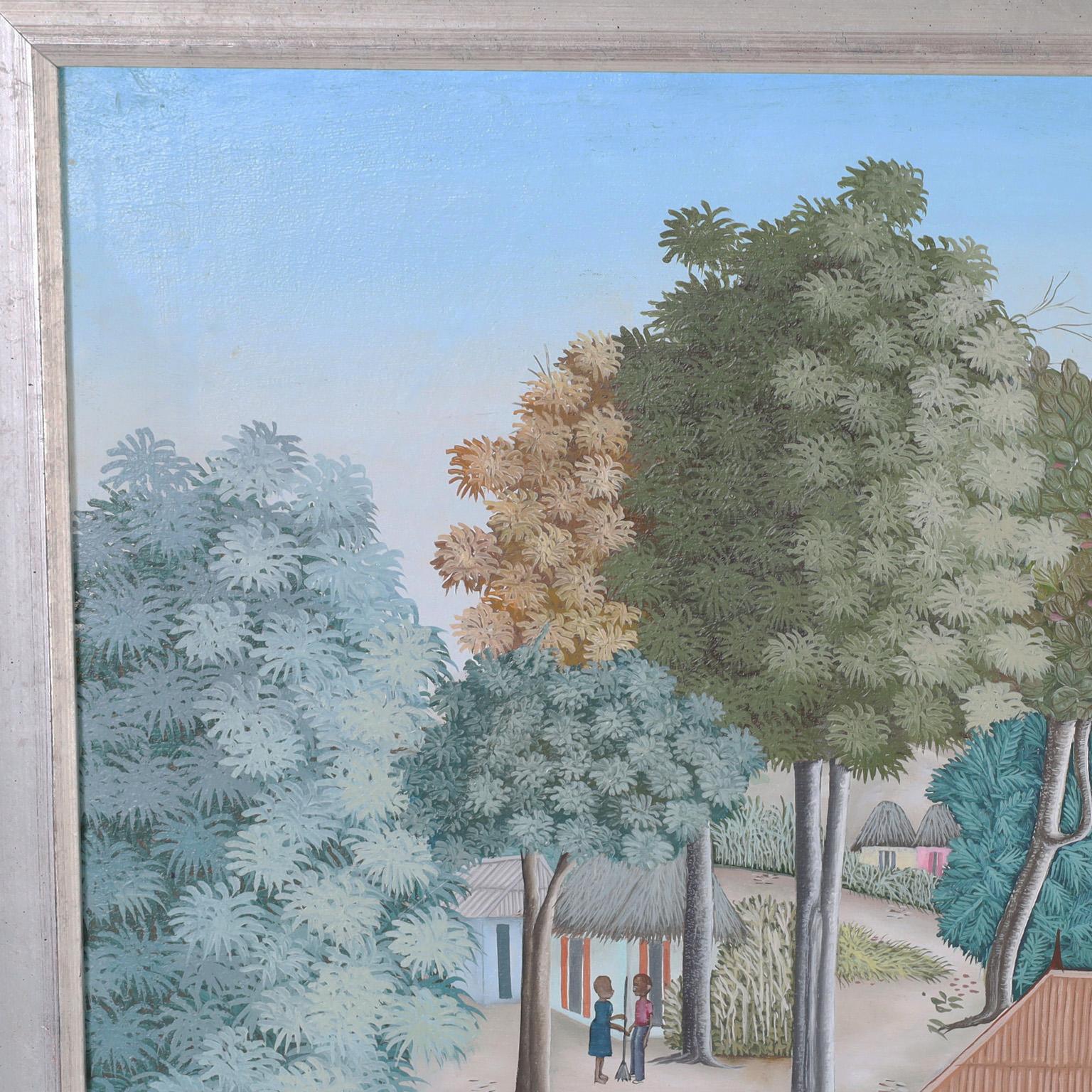 Charmante peinture à l'huile sur toile représentant un village haïtien serein avec des arbres, des fleurs, des oiseaux et des figures ludiques dans un style folklorique naïf. Signé par le célèbre artiste Edouard Tran et présenté dans un cadre en
