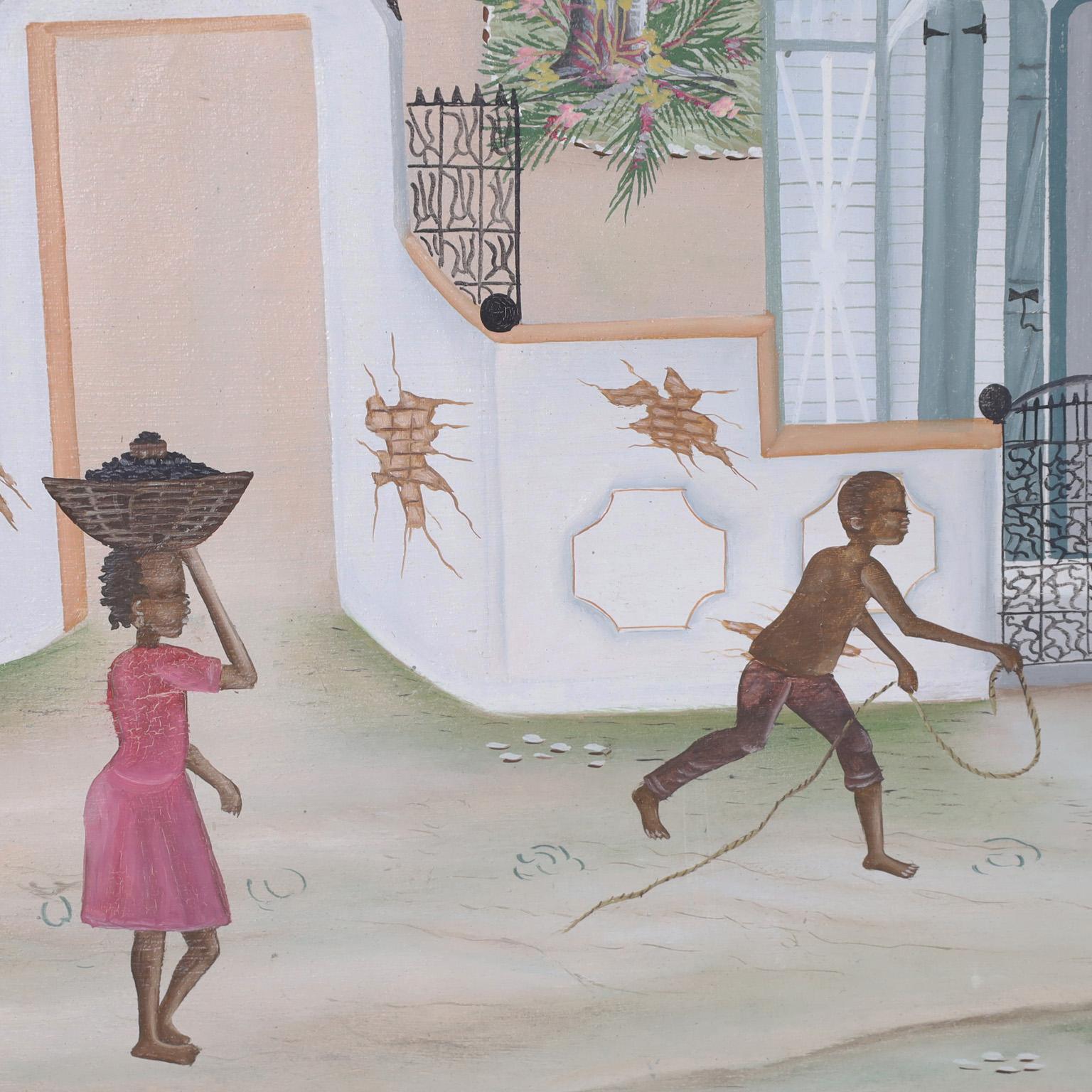 20ième siècle Peinture à l'huile sur toile d'un village haïtien par Edouard Tran en vente