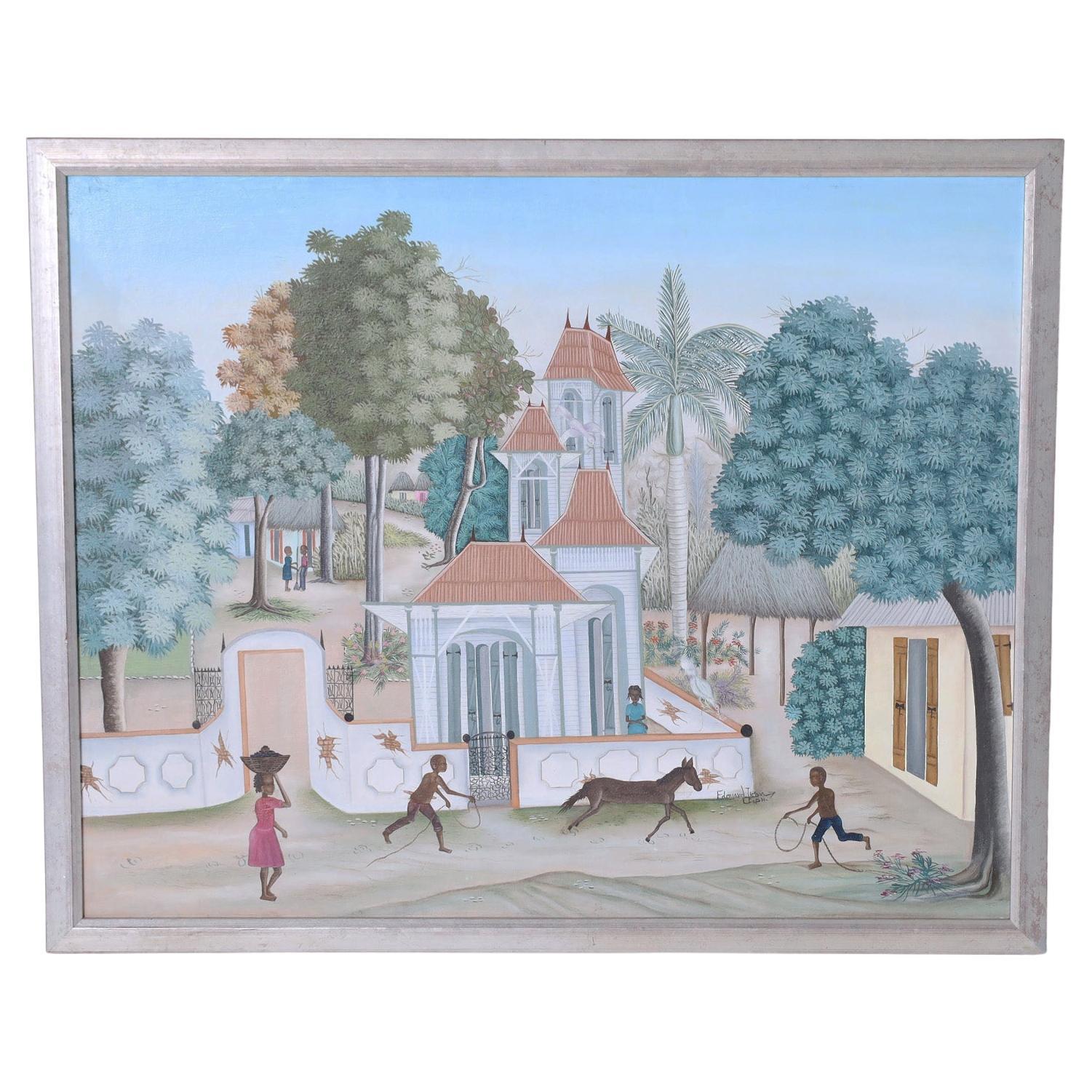 Peinture à l'huile sur toile d'un village haïtien par Edouard Tran en vente