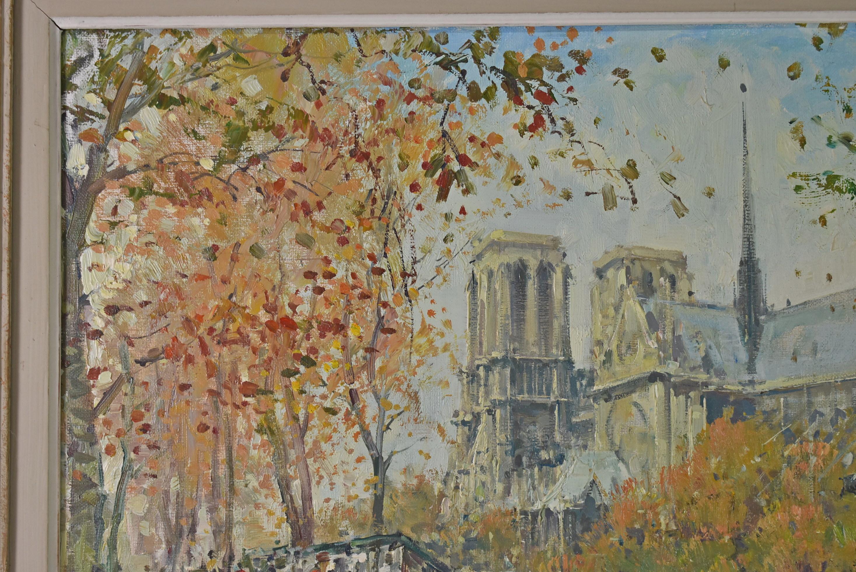 Peinture à l'huile sur toile d'une scène de rue de Notre Dame à Paris par Jean Salabet Bon état - En vente à Toledo, OH
