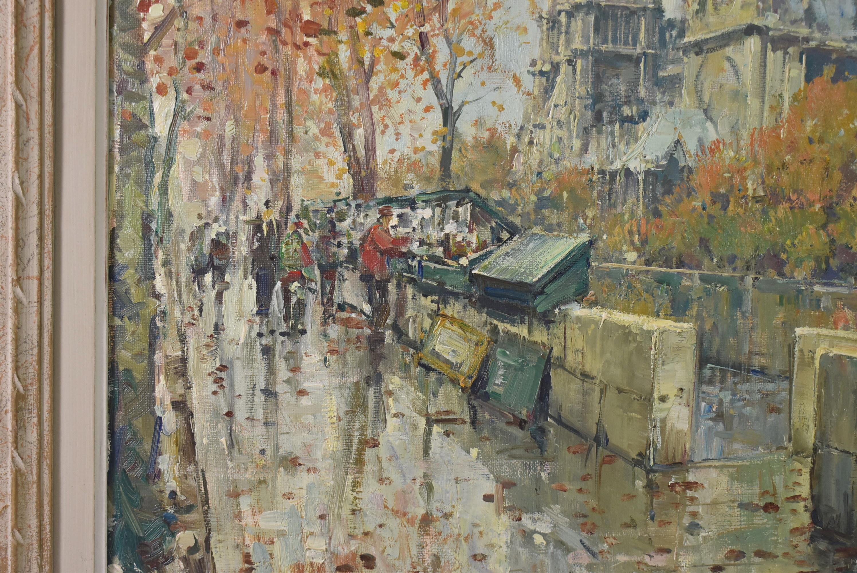 20ième siècle Peinture à l'huile sur toile d'une scène de rue de Notre Dame à Paris par Jean Salabet en vente