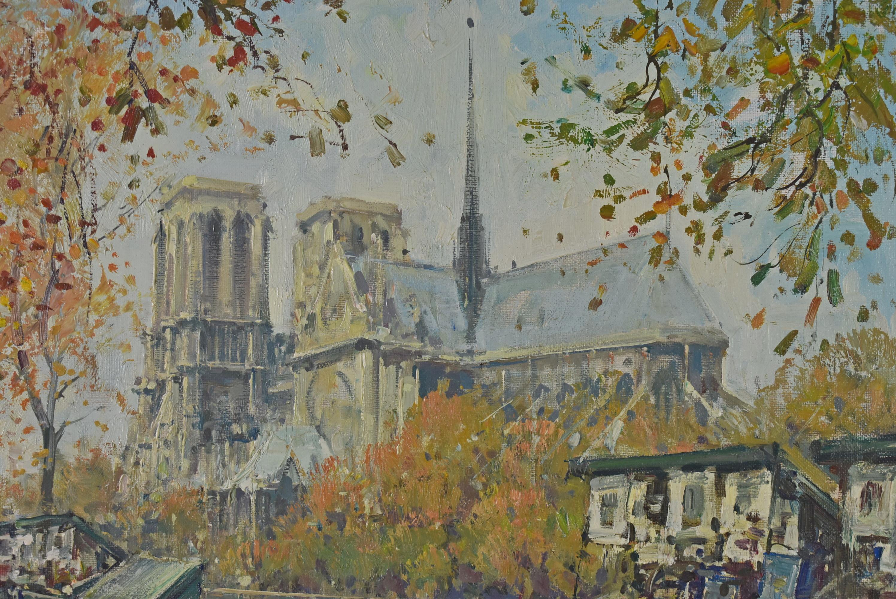 Toile Peinture à l'huile sur toile d'une scène de rue de Notre Dame à Paris par Jean Salabet en vente
