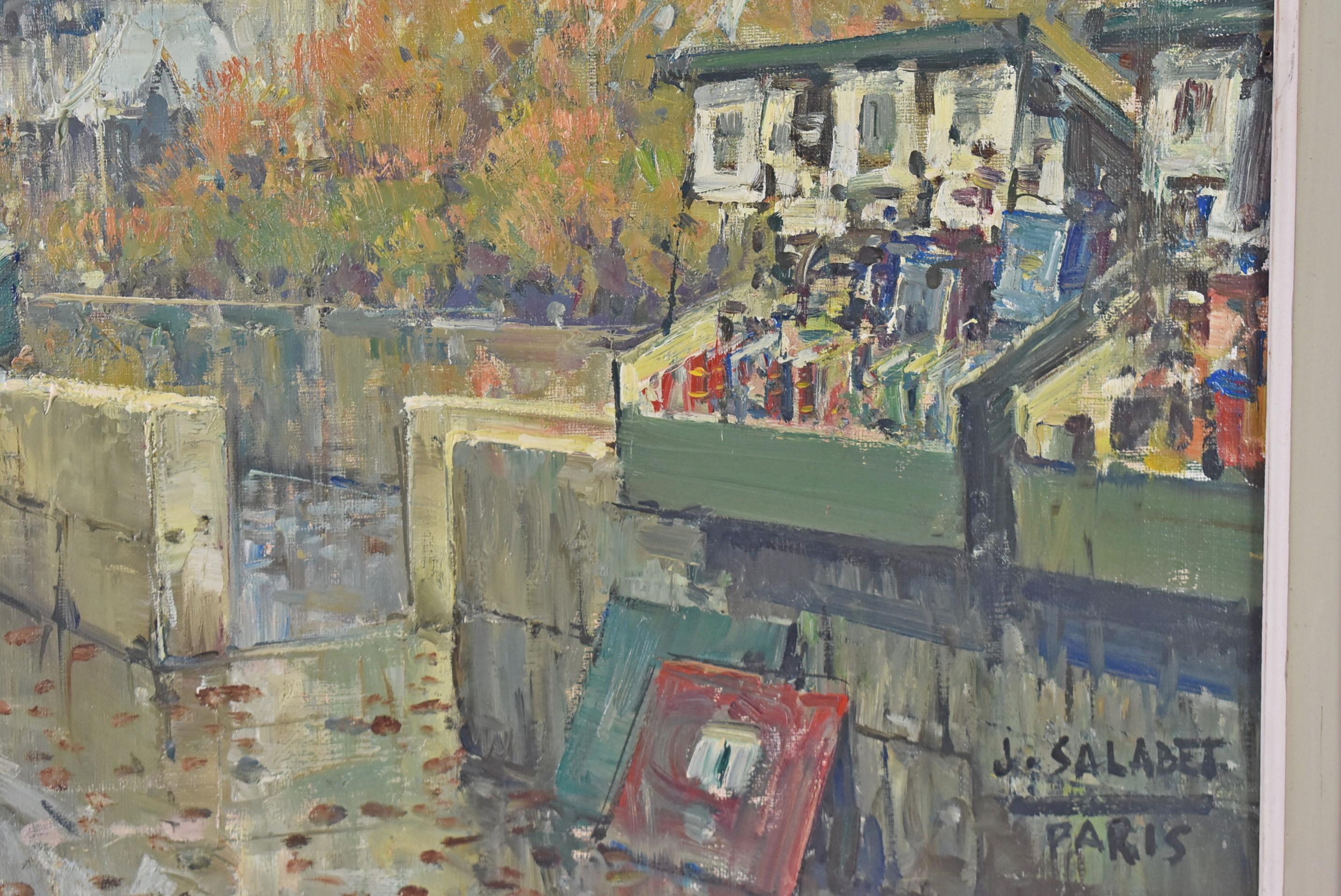 Peinture à l'huile sur toile d'une scène de rue de Notre Dame à Paris par Jean Salabet en vente 1