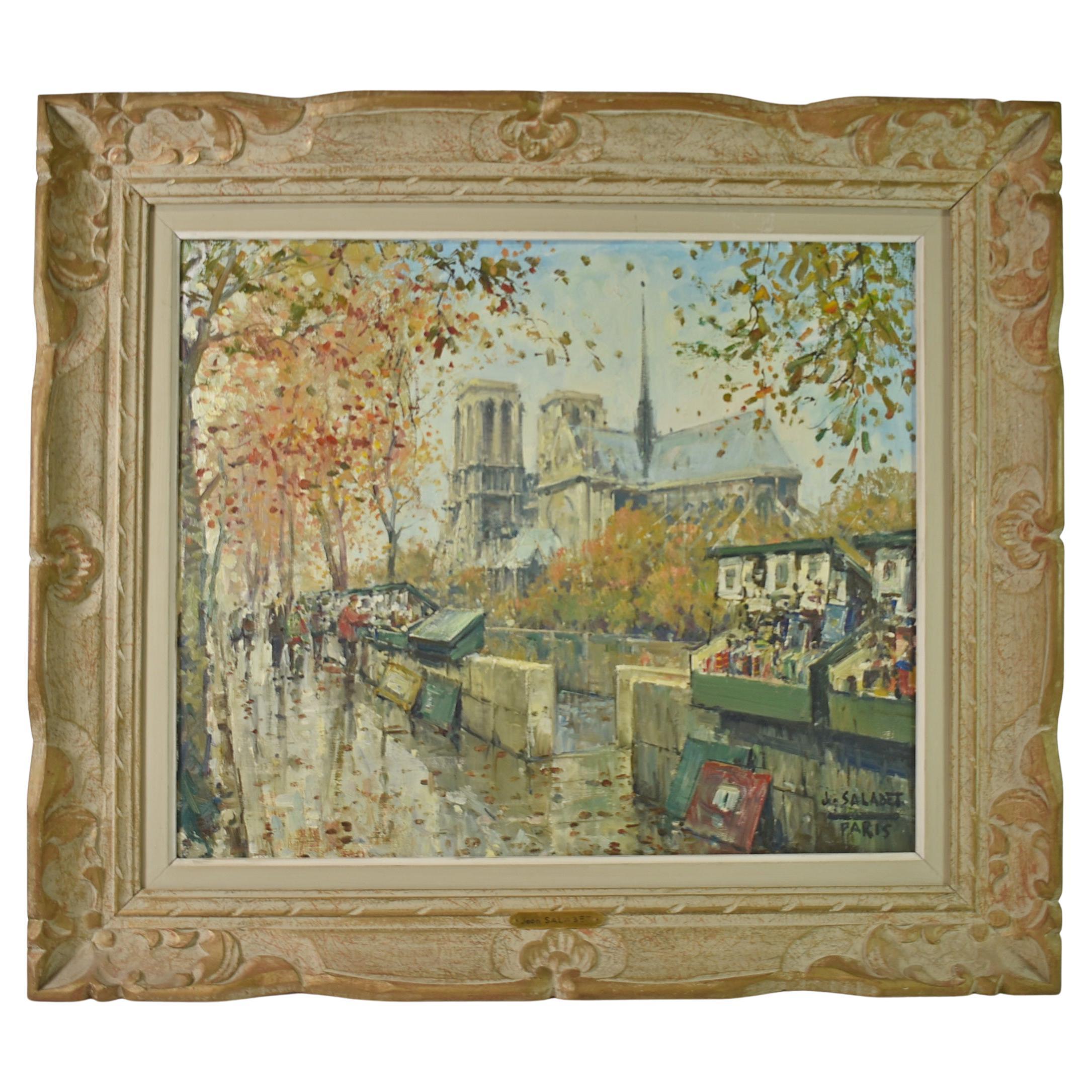 Peinture à l'huile sur toile d'une scène de rue de Notre Dame à Paris par Jean Salabet en vente