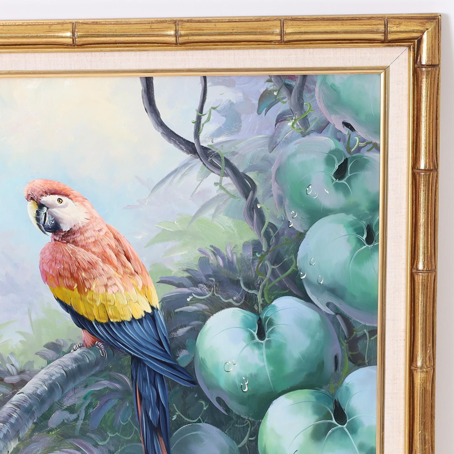 Américain Peinture à l'huile sur toile de perroquets en vente