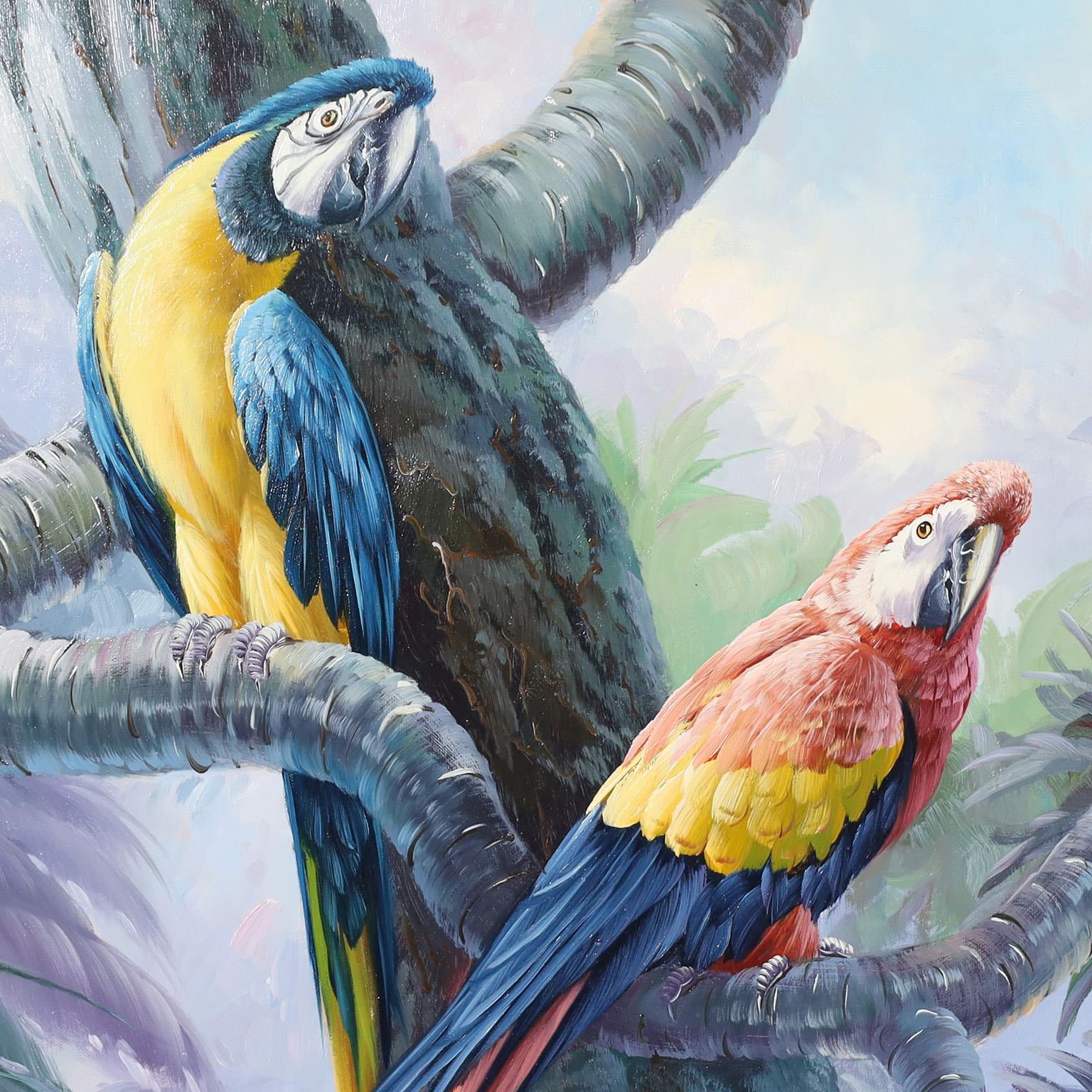 Peinture à l'huile sur toile de perroquets Bon état - En vente à Palm Beach, FL
