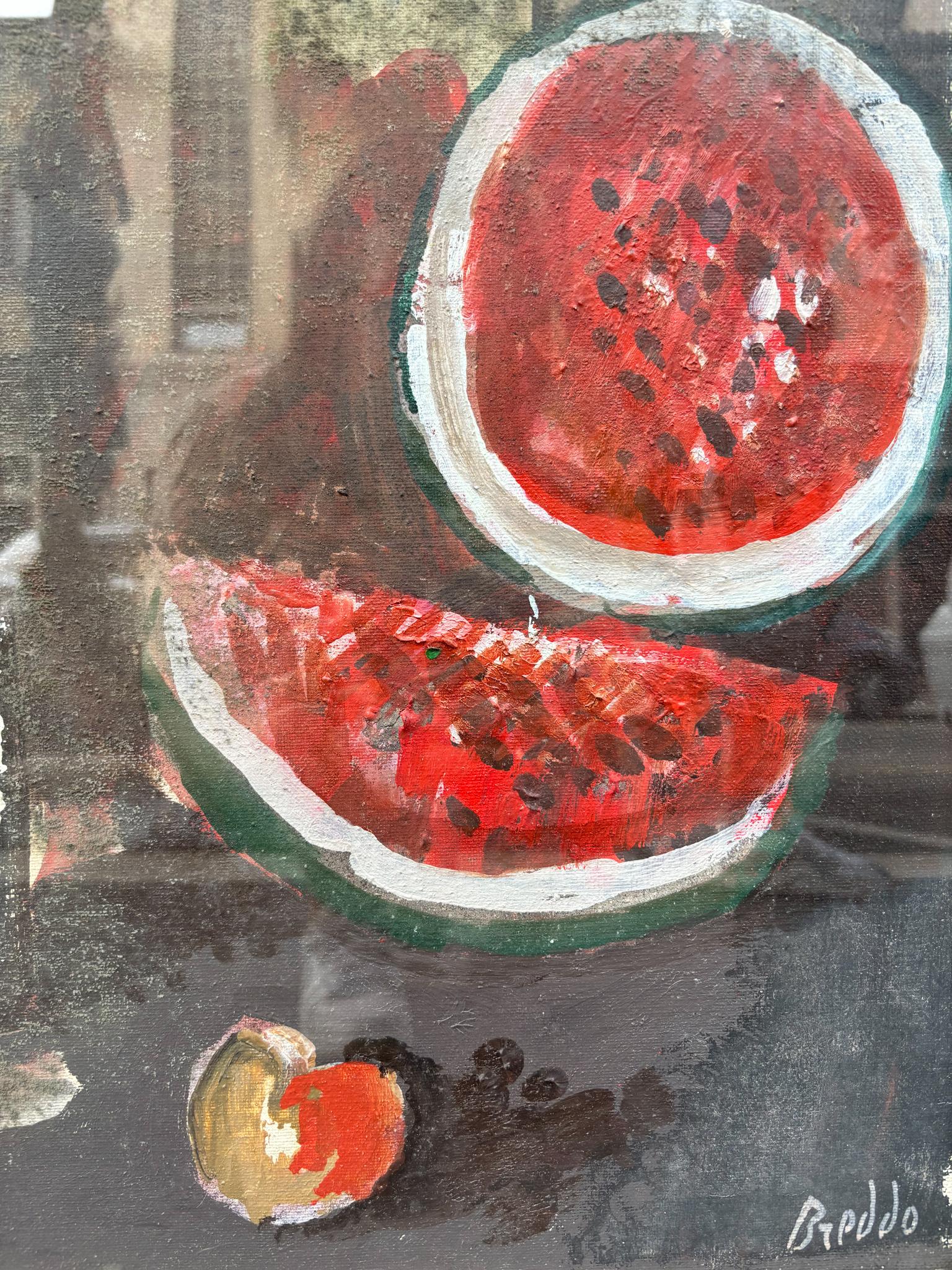Oil Painting on Canvas of Still Life with Watermelon by Gastone Breddo, 1970s In Good Condition In Milano, MI