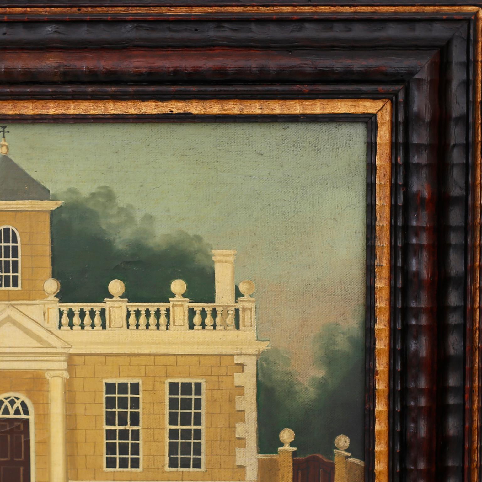 Architectural oil painting on canvas of the Ebbeston Lodge in the county of Yorkshire by Dan Dunton, executed in a rustic naive style and presented in a carved wood frame.