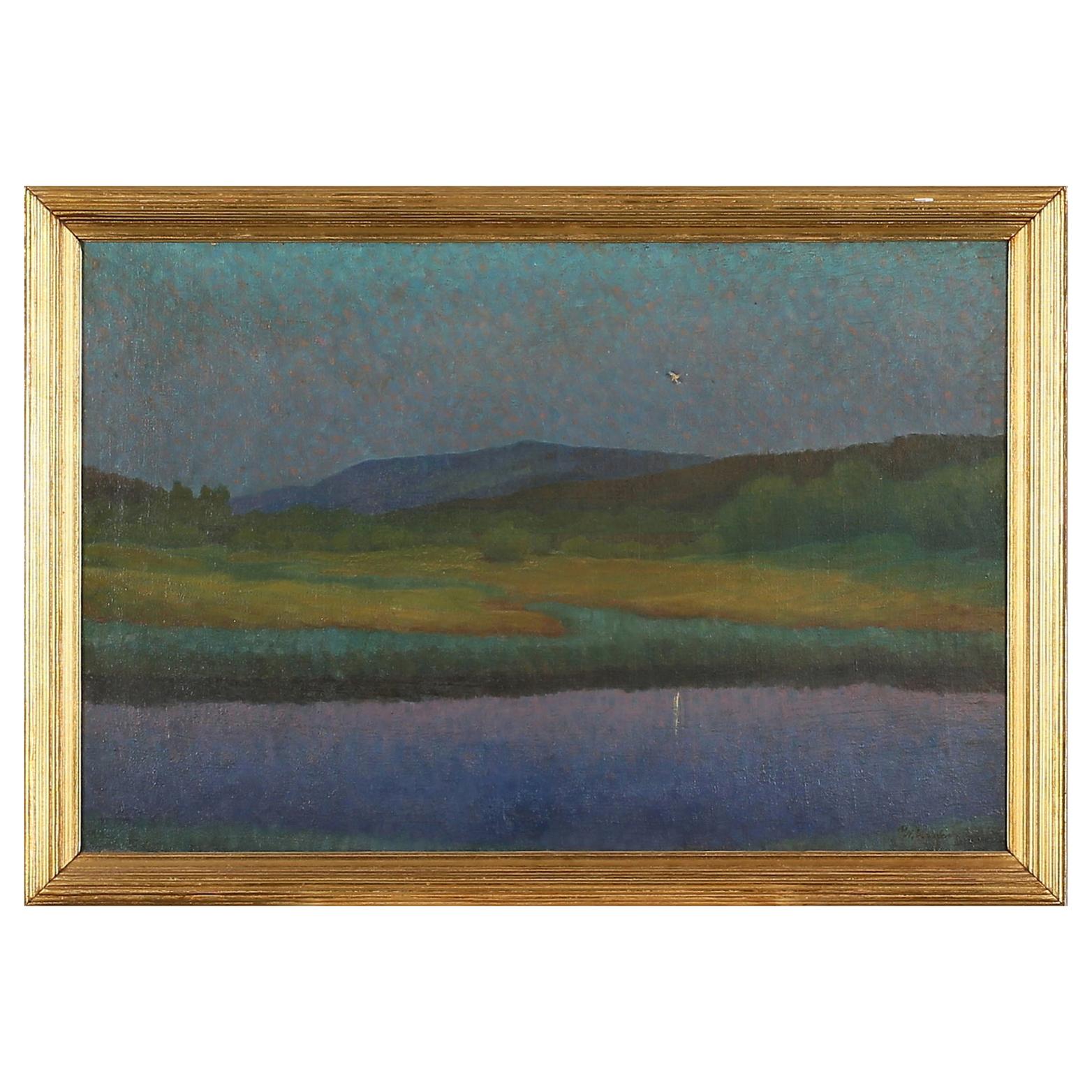 Oil Painting on Canvas of Twilight over Landscape by Unknown Artist