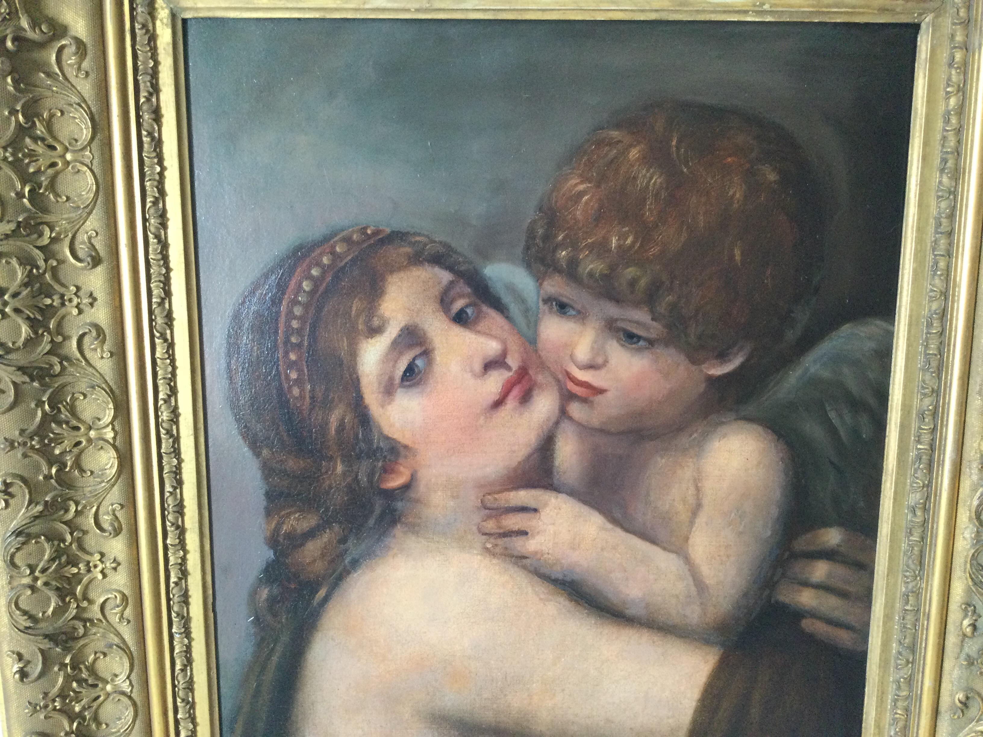 Antique 19th century oil painting in original giltwood frame. The painting with a plaque of Peter-Paul Prod'hon of Venus and Cupid. This romantic style painting has been recently cleaned and stretched. The original aged frame of the canvas is stull