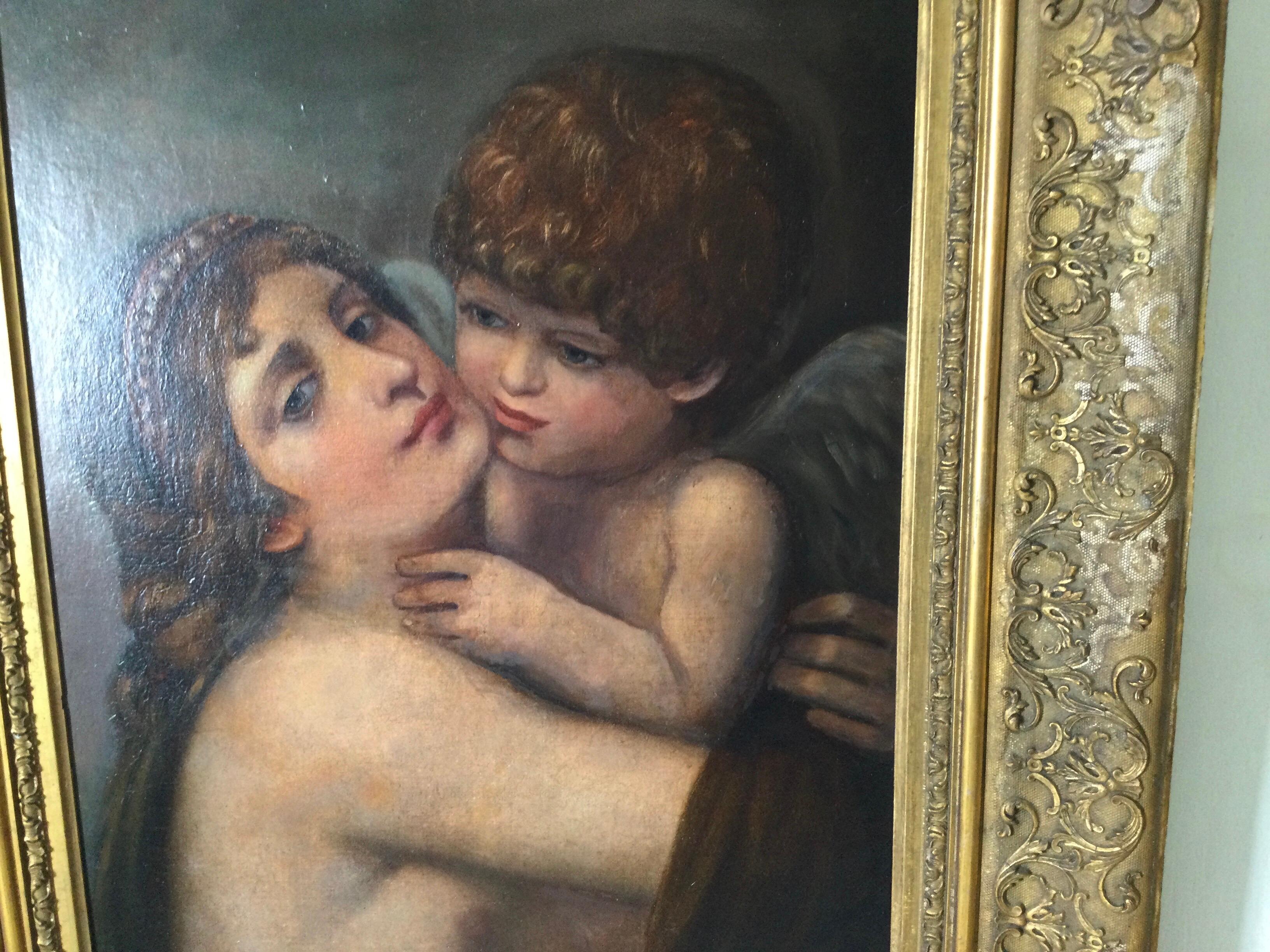 French Oil Painting on Canvas of Venus and Cupid After Peter-Paul Prud'hon 19th Century