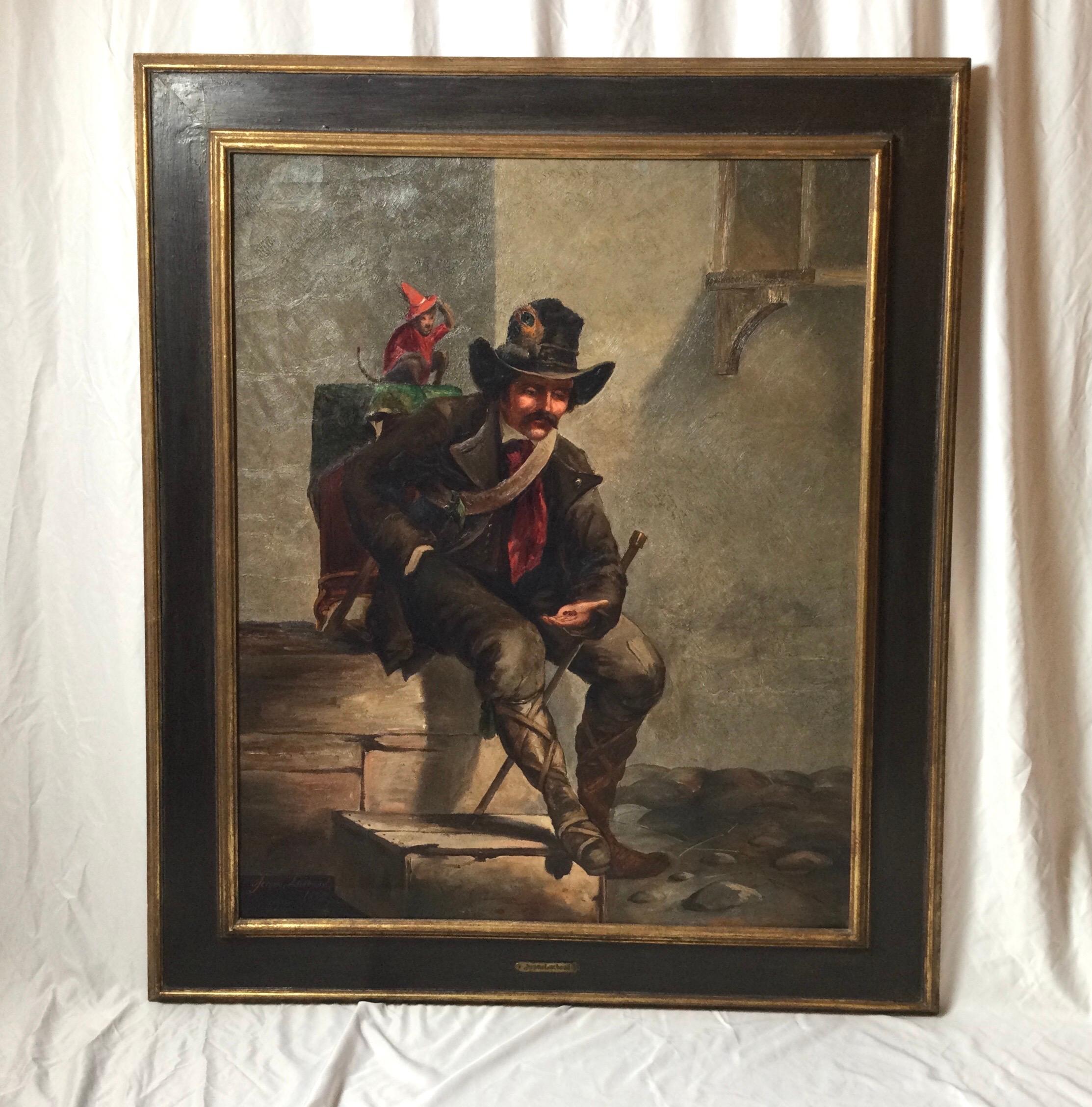 An oil painting in appropriate later frame of an organ grinder with playful monkey, signed on lower corner Jerome Lachaud 1875. The paining has been re-streached with old professional repair on back, not visible from front... 44 inches high, 37