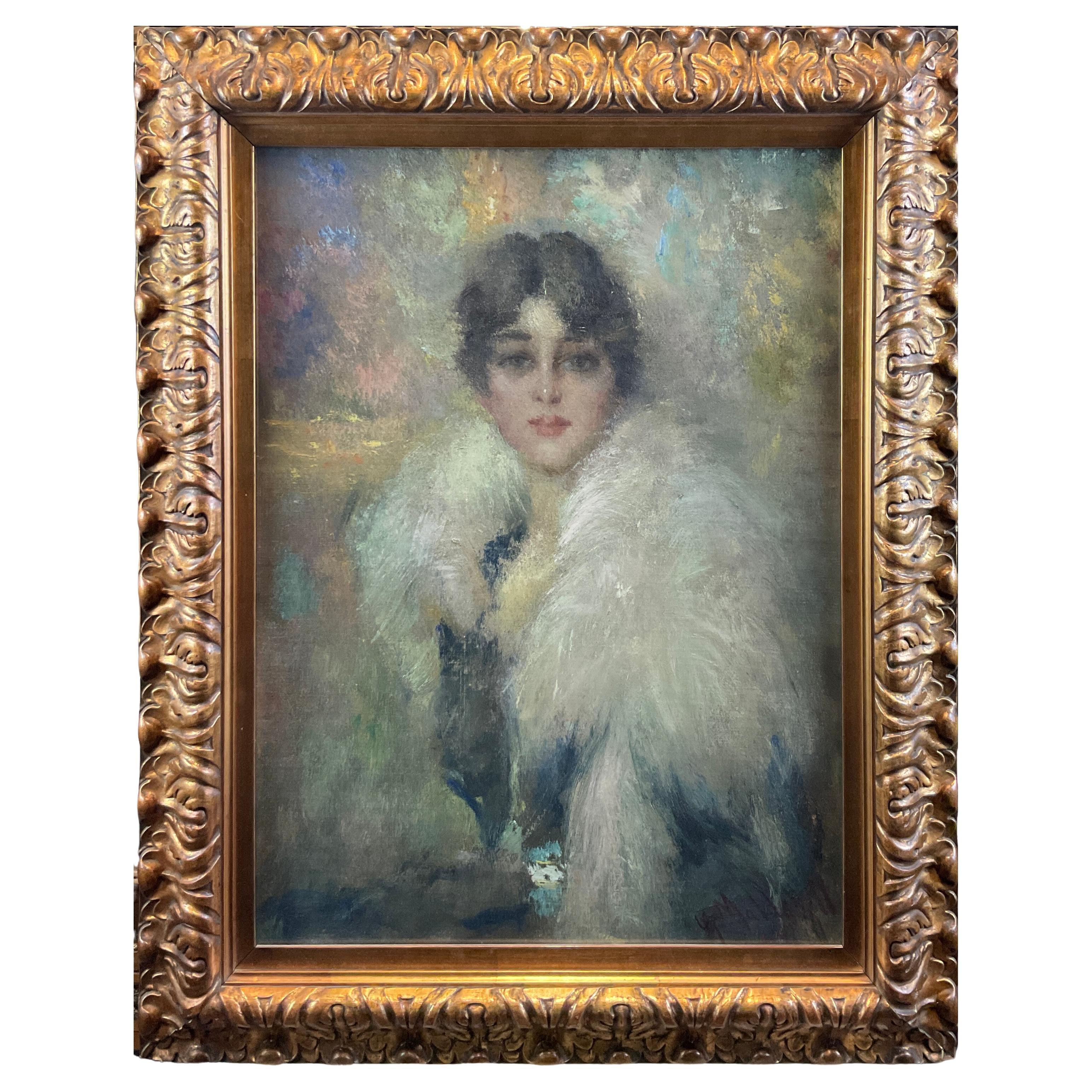 Oil Painting on Canvas, Portrait of a Young Woman, Signed G. Maldarelli 1917