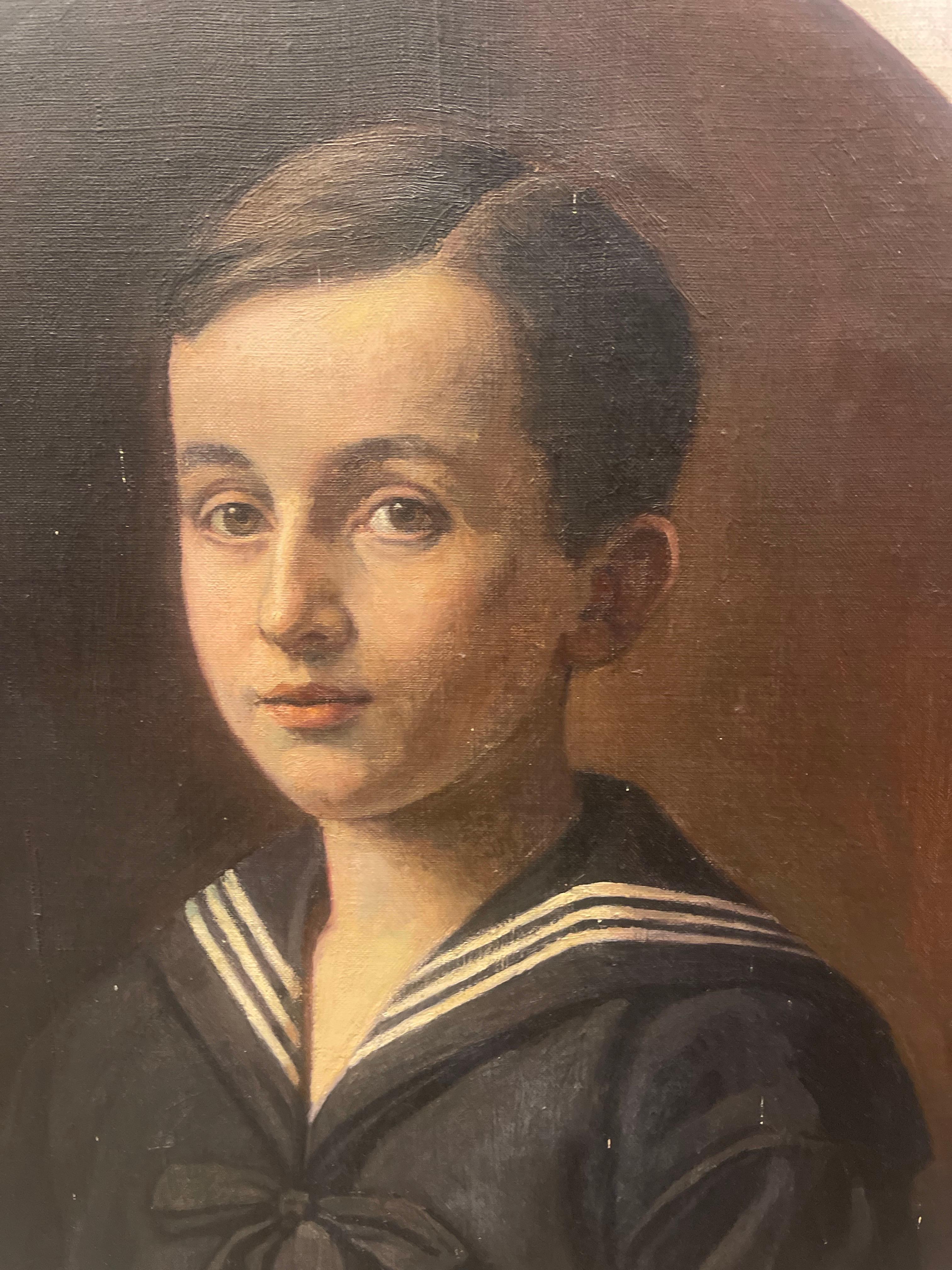 Dipinto a olio su tela Ritratto di giovane uomo della scuola militare della marina imperiale russa del 19° secolo
Questo olio su tela rappresenta in un medaglione uno studente dell'esercito imperiale russo. Indossa una maglia blu navy con un
