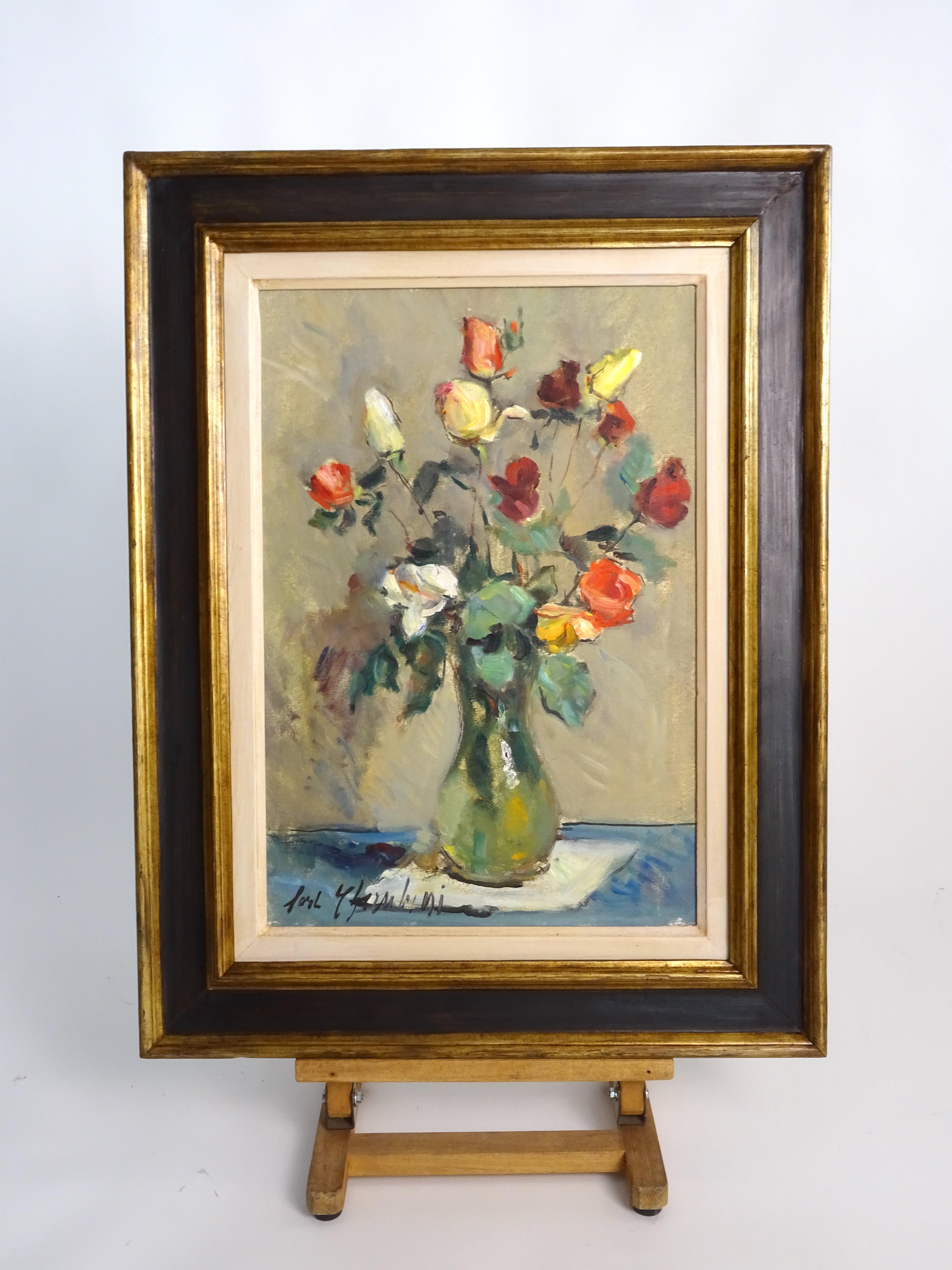 The work in question is painted in oil on canvas. It is a graceful representation of a vase of roses of different colours, which are among the painter's favourite still life subjects. The work is signed in the lower left-hand corner and can be dated