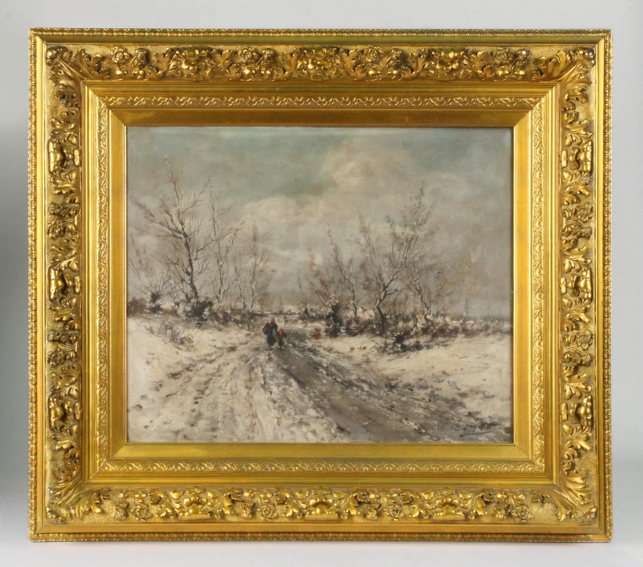Powerful painting, winter landscape with small figures, painted by Jean Hill.
He was a Flemish painter who lived in the 19th century in the city of Ostend. He painted landscapes, cityscapes and beach scenes.

The painting is made of plaster on