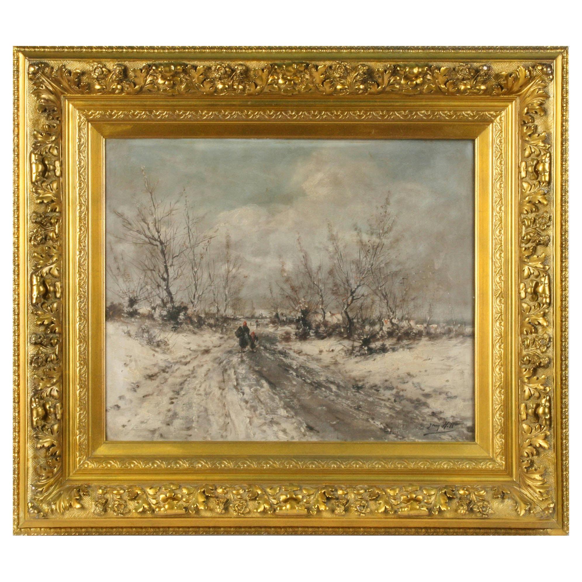 Oil Painting on Canvas, Winterlandscape by Jean Hill, Belgium, Late 19th Century