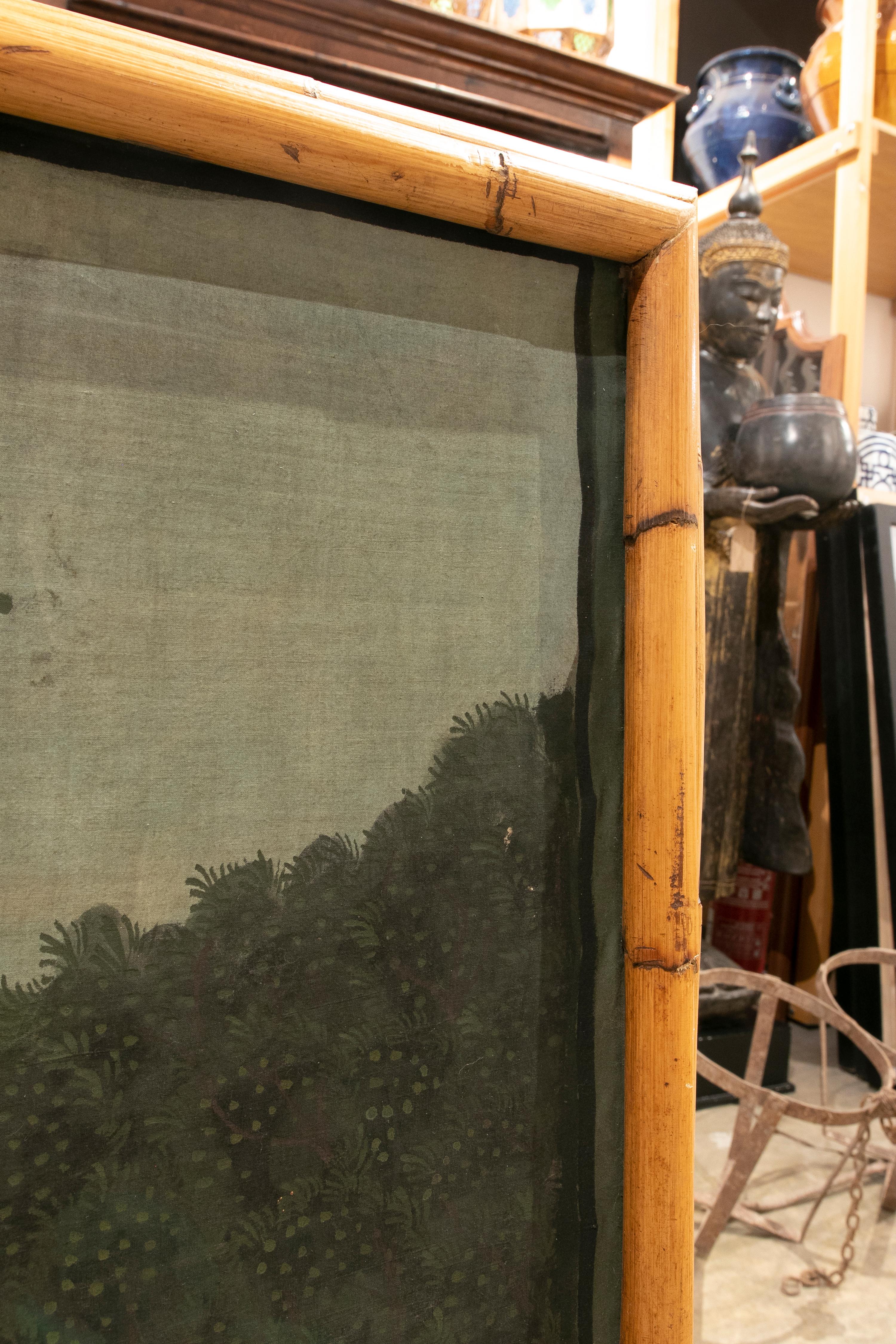 Peinture à l'huile sur toile avec une scène de Costumbrist encadrée en bambou en vente 6