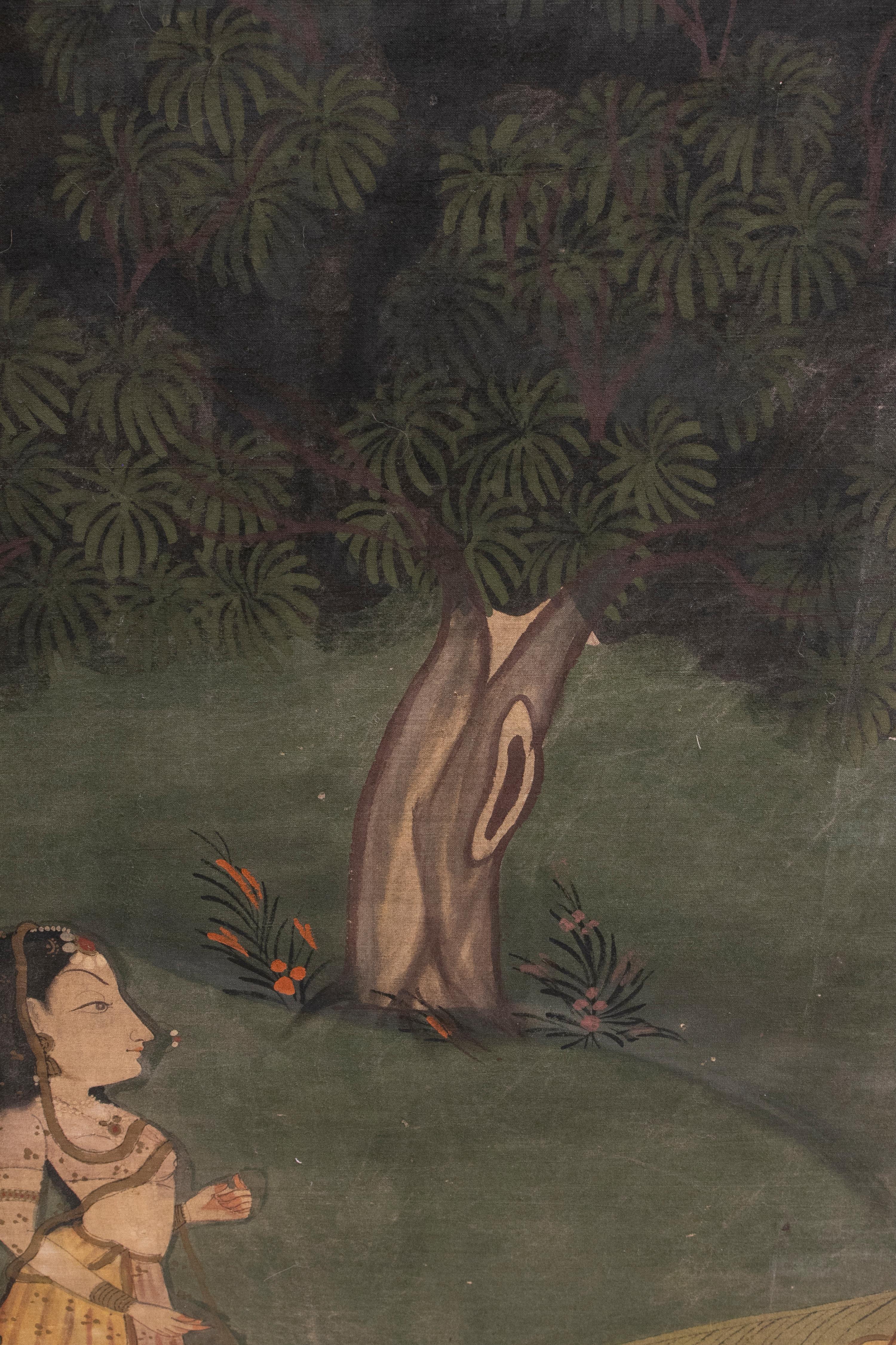 Indien Peinture à l'huile sur toile avec une scène de Costumbrist encadrée en bambou en vente