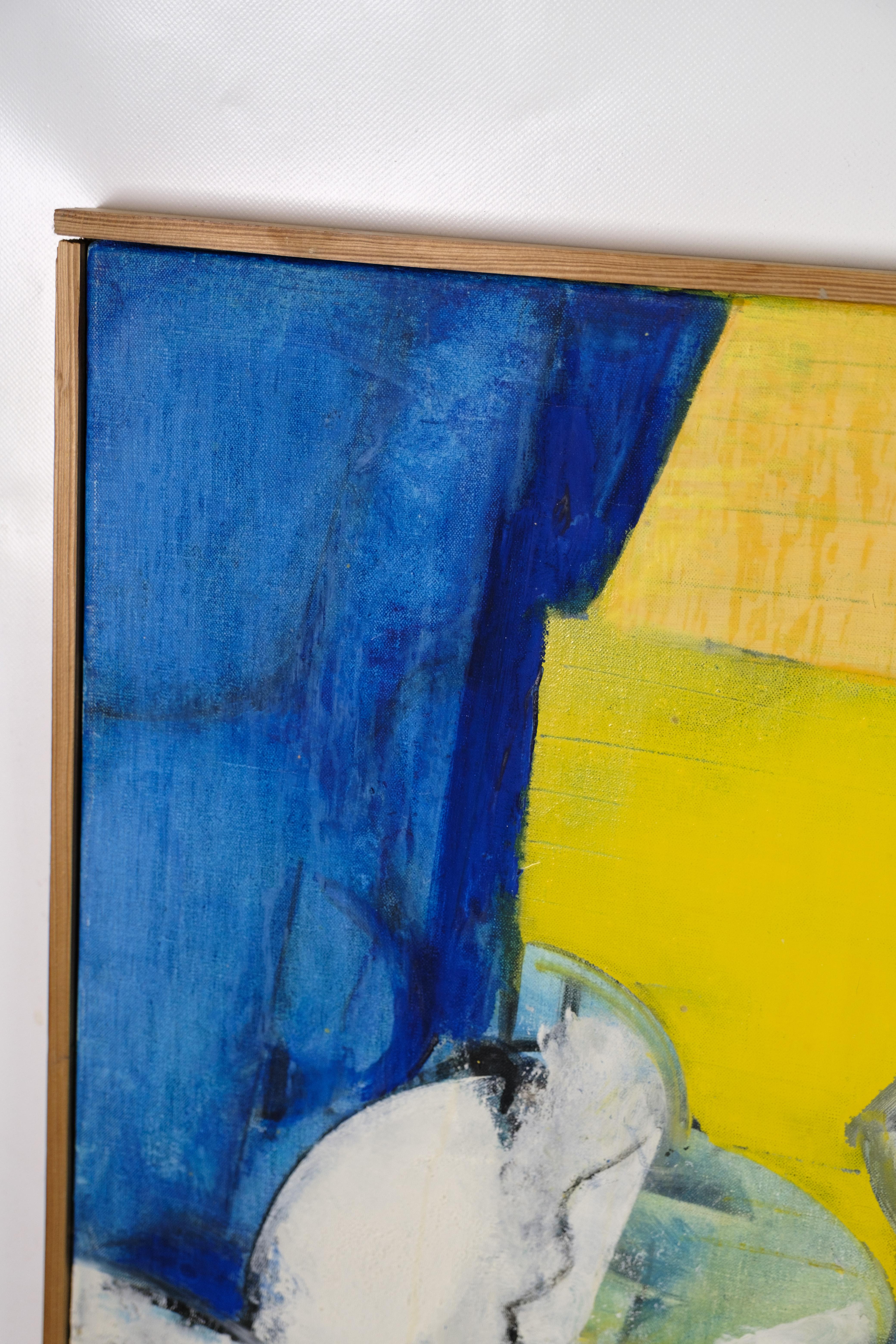 Oil painting on canvas, framed in a natural wood frame. The work is signed by Allan Schmidt and dated 1968. The motif is done in an abstract style with dynamic colors that create a vibrant composition. This painting is a good example of Schmidt's