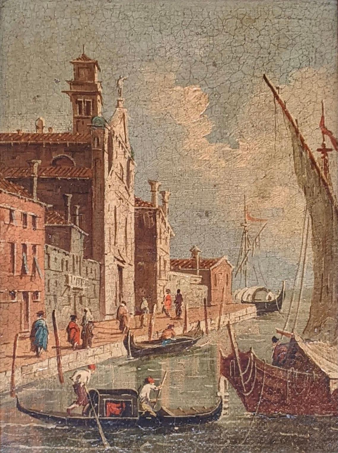 Oil painting on canvas with golden frame, depicting Venice scene.