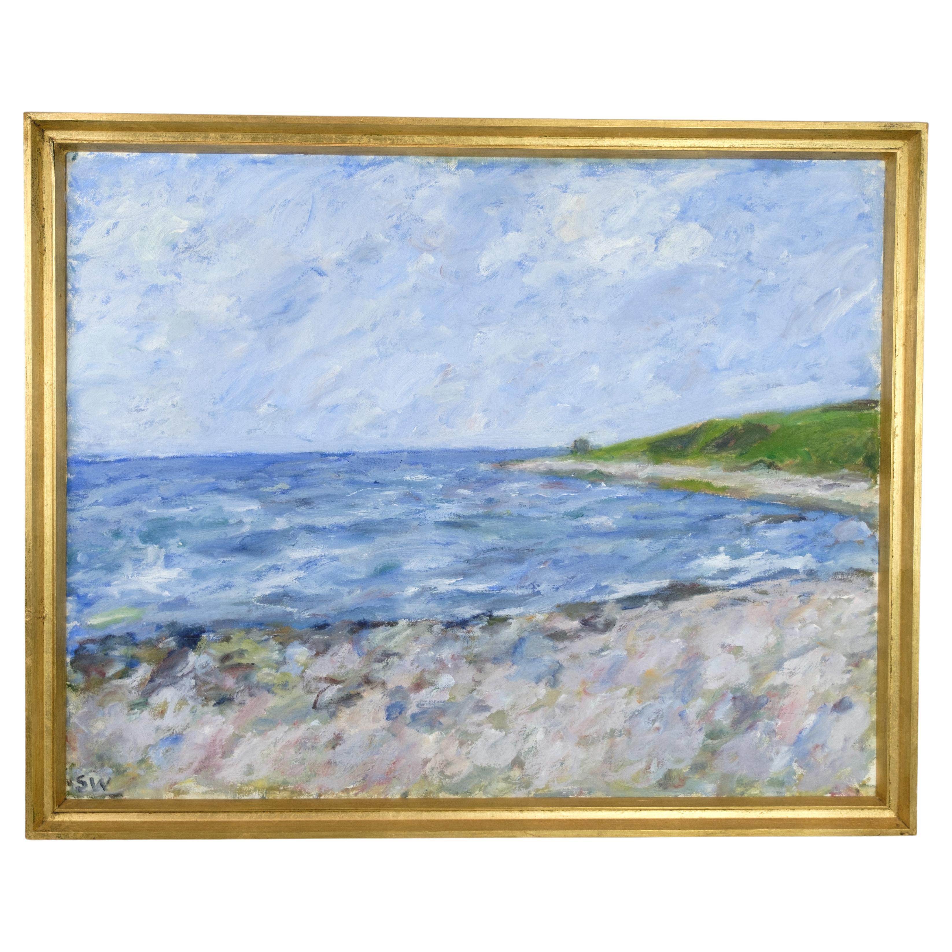 Peinture à l'huile sur toile avec motif de plage et de mer par Sixten Wiklund des années 1957