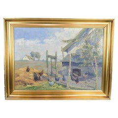 Oil Painting on Canvas with Motif of Chicken Farm and Fields