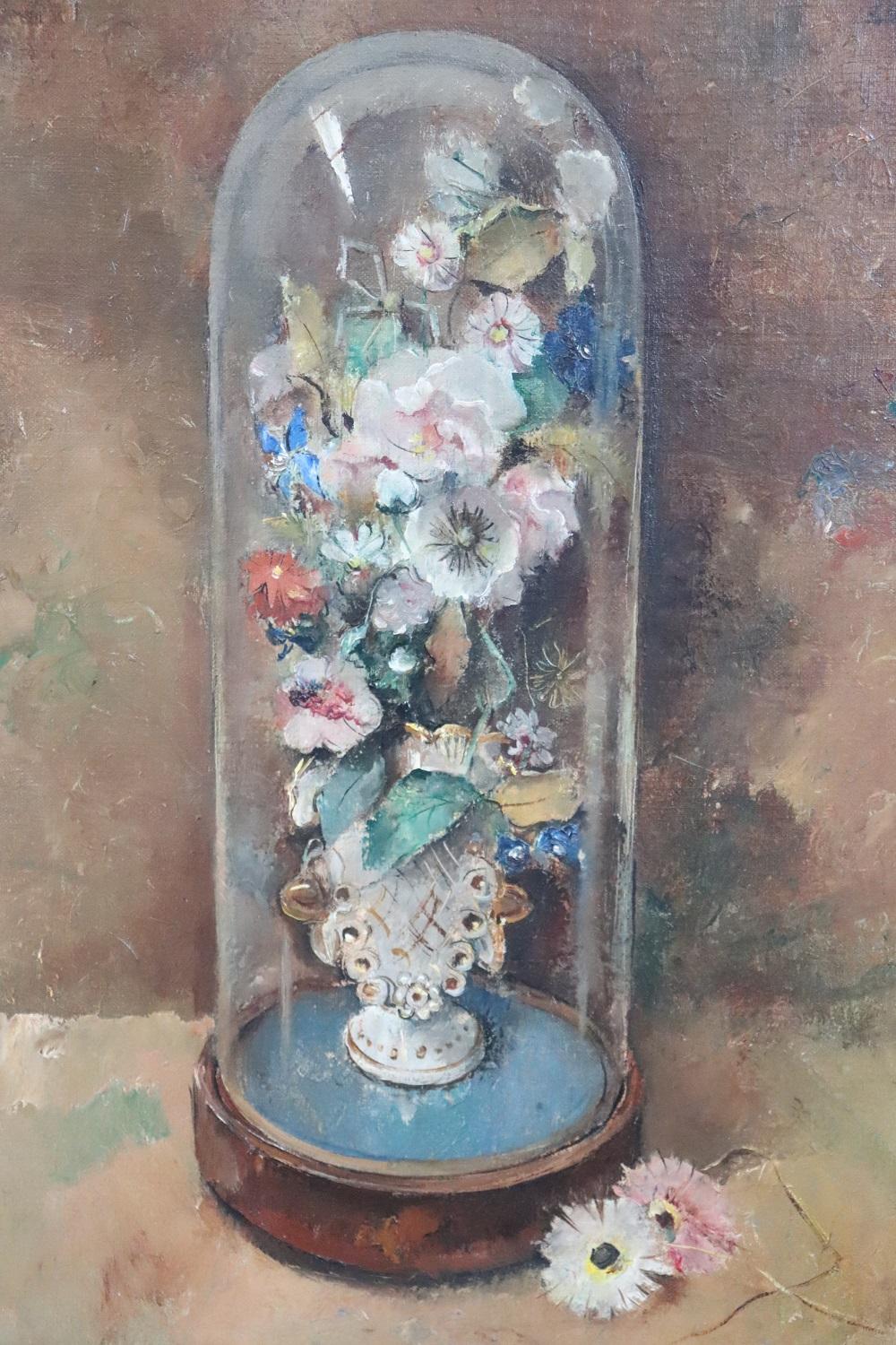 Beautiful oil painting on masonite board, signed and dated 1938. Signed painting but unidentified artist. A splendid particular still life with flowers within a glass bell. Excellent pictorial quality. Sold with beautiful wood frame.